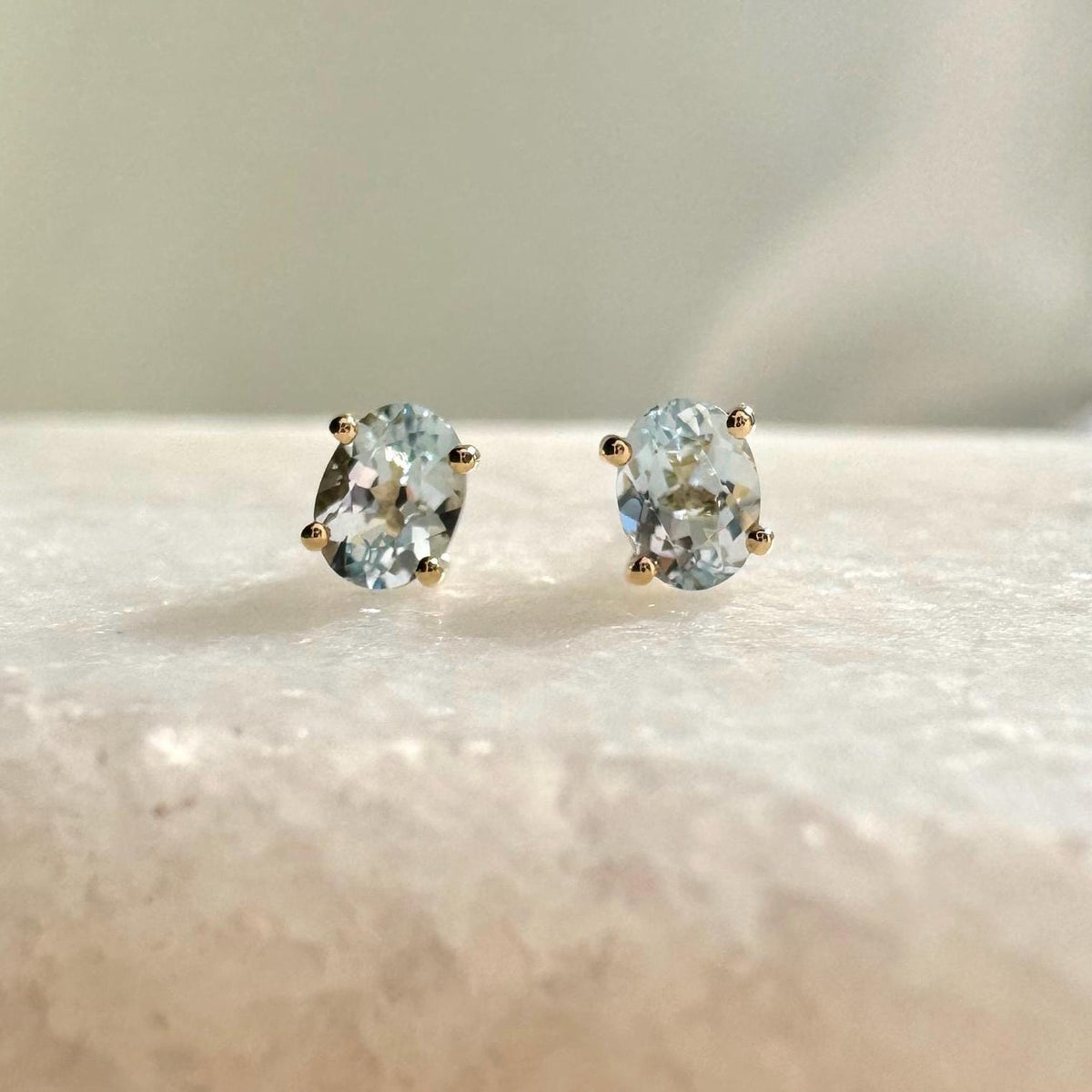 Genuine Aquamarine Oval Cut Mini Stud Earrings, 14k Solid Gold, March Birthstone, Gift for Her