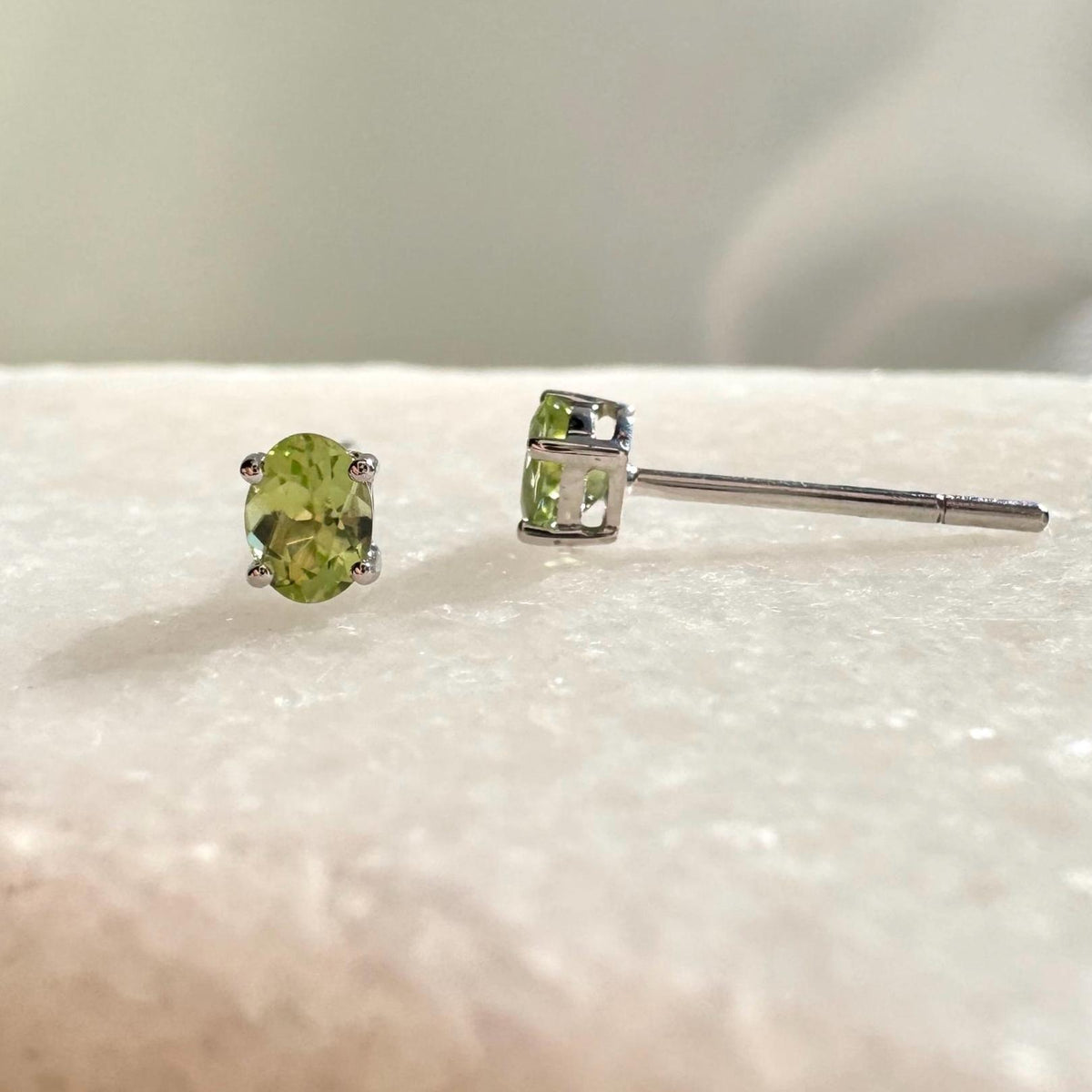 Genuine Peridot Oval Cut Stud Earrings (Mini) / 14K Solid Gold