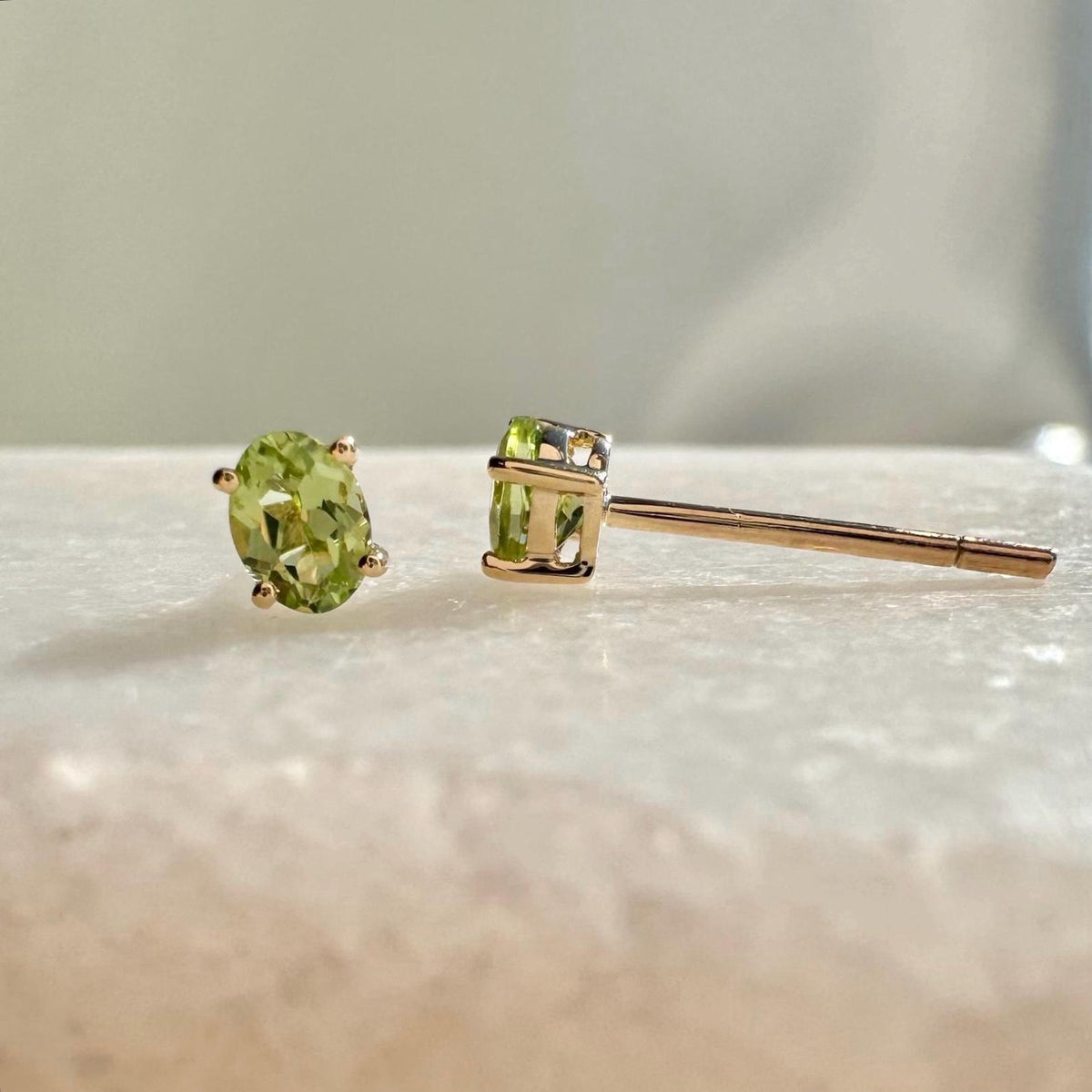 Genuine Peridot Oval Cut Stud Earrings (Mini) / 14K Solid Gold