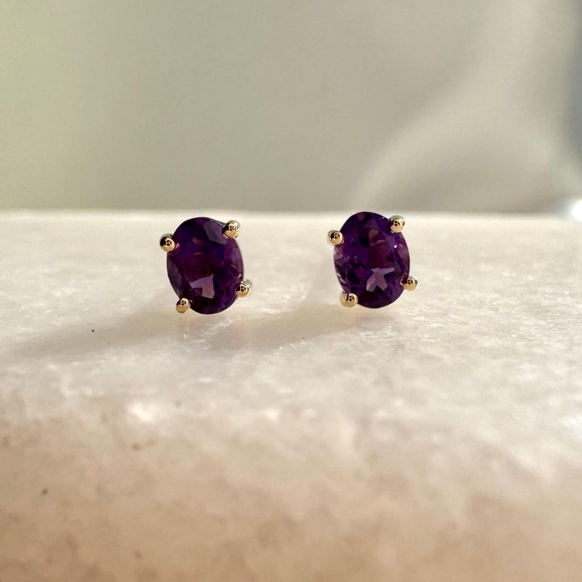 Genuine Amethyst Oval Cut (Mini) Stud Earrings in 14K Solid Gold