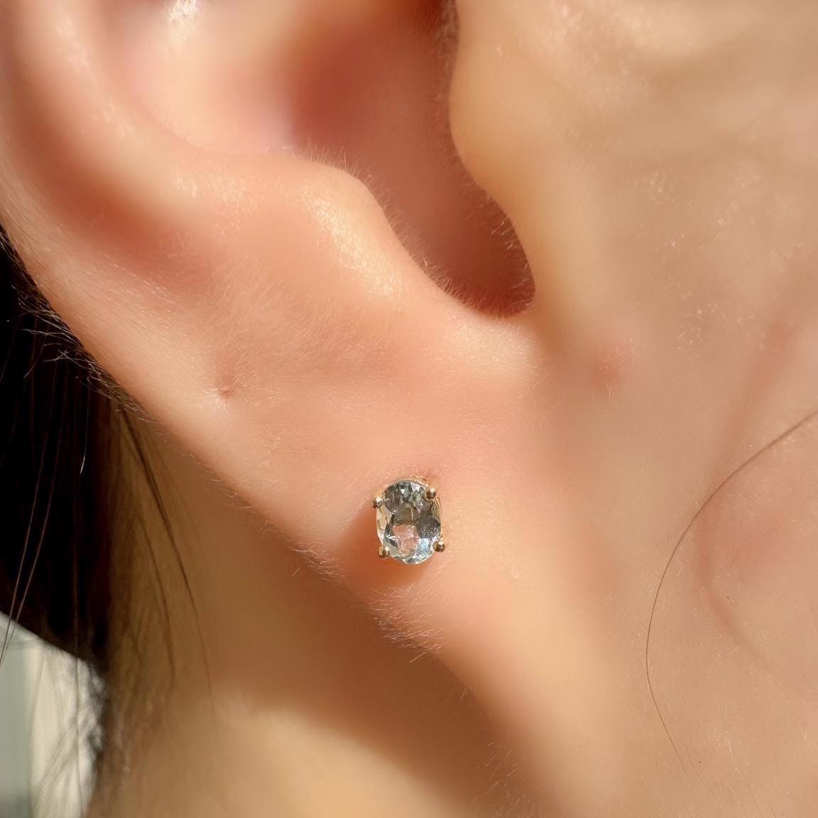 Genuine Aquamarine Oval Cut Mini Stud Earrings, 14k Solid Gold, March Birthstone, Gift for Her
