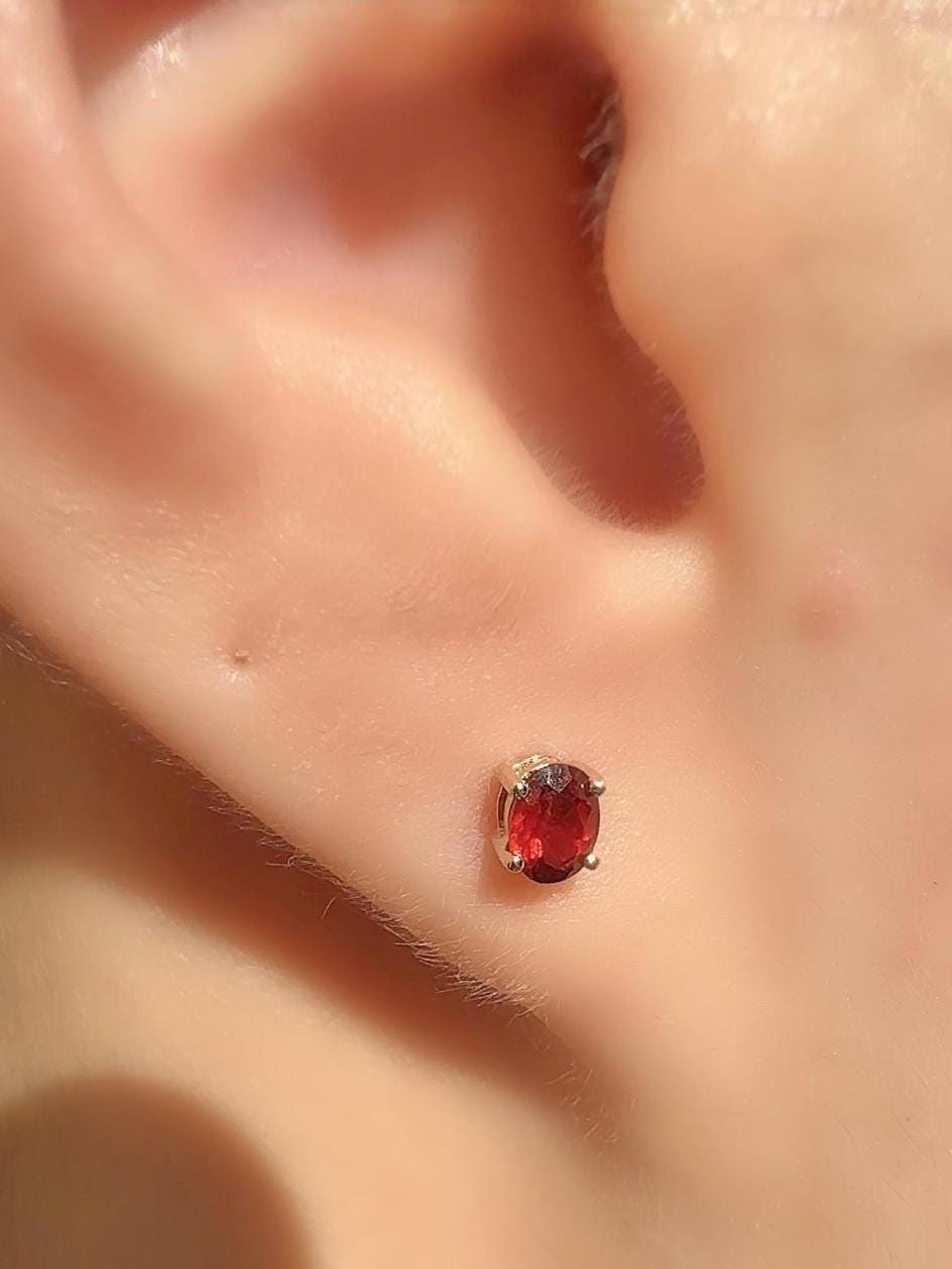 Genuine Garnet Oval Cut Mini Stud Earrings, 14k Solid Gold, January Birthstone Gift