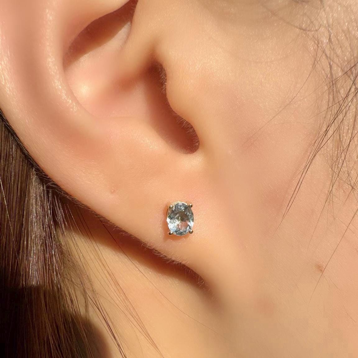Genuine Aquamarine Oval Cut Solitaire Stud Earrings / 14k Solid Gold