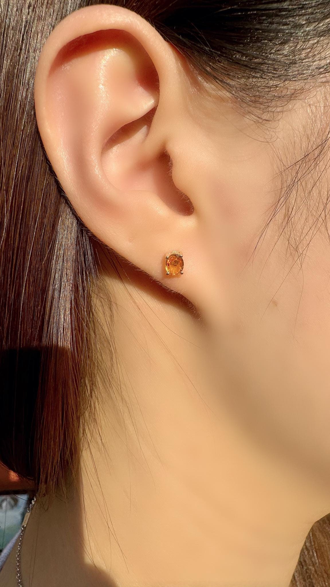Genuine Orange Sapphire Oval Cut Solitaire Stud Earrings, 14k or 18k Solid Gold, September Birthstone