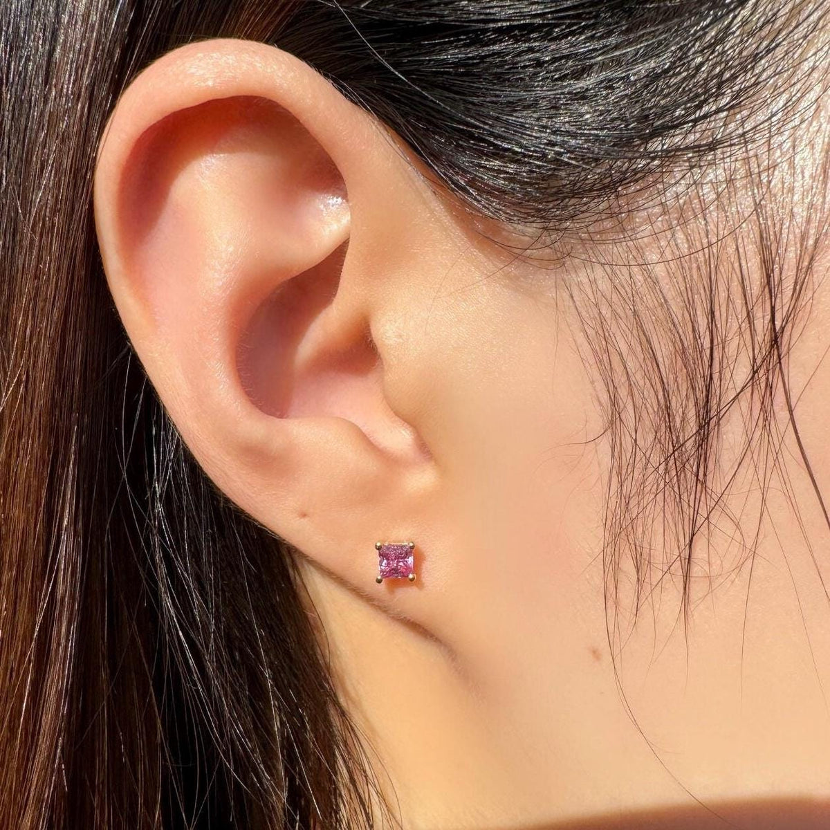 Genuine Pink Sapphire Princess Cut Stud Earrings / 18k Solid Gold / 14k Solid Gold