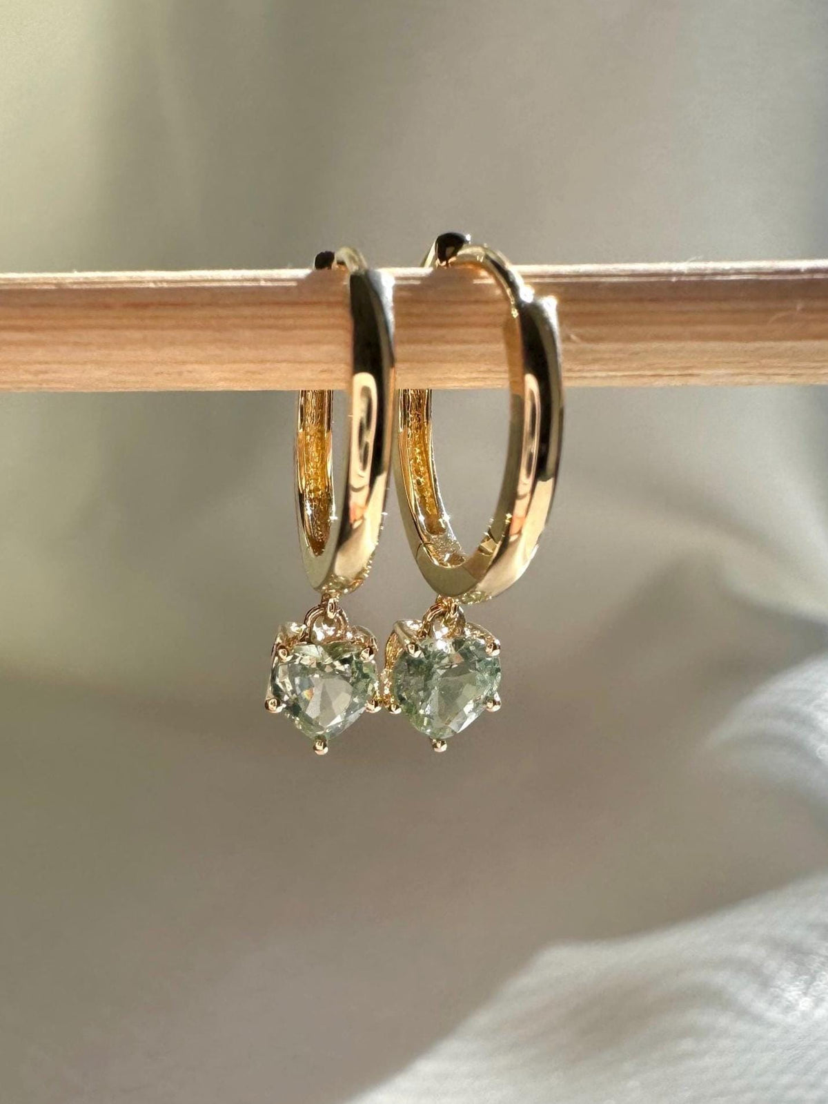 Genuine Green Sapphire Mini Heart Dangle Hoops / 14k Solid Gold