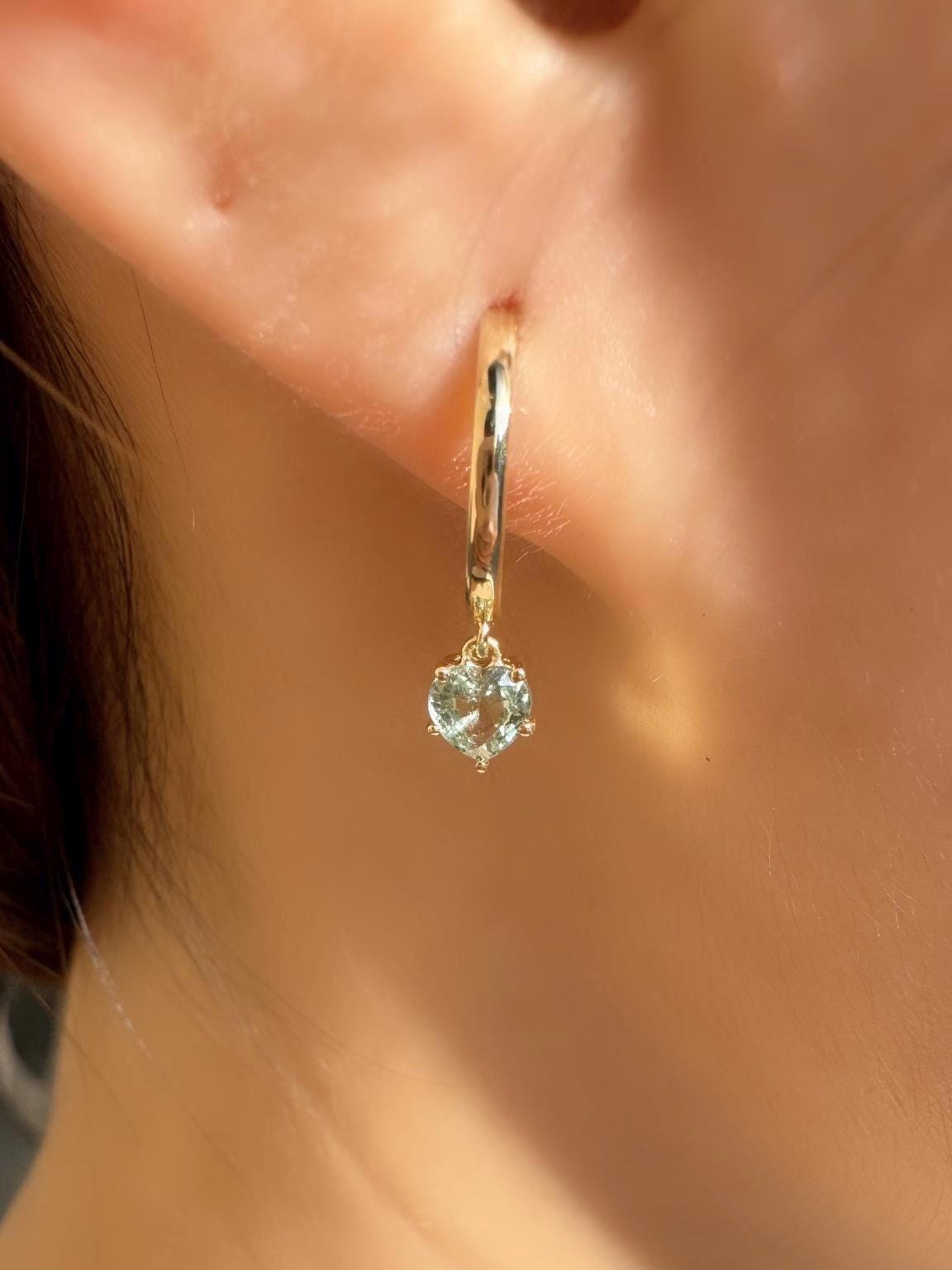 Genuine Green Sapphire Mini Heart Dangle Hoops / 14k Solid Gold