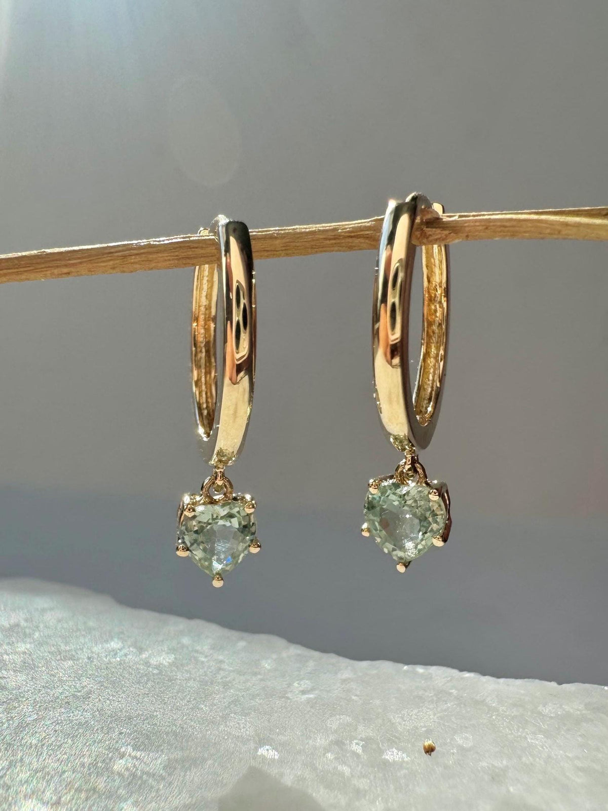 Genuine Green Sapphire Mini Heart Dangle Hoops / 14k Solid Gold