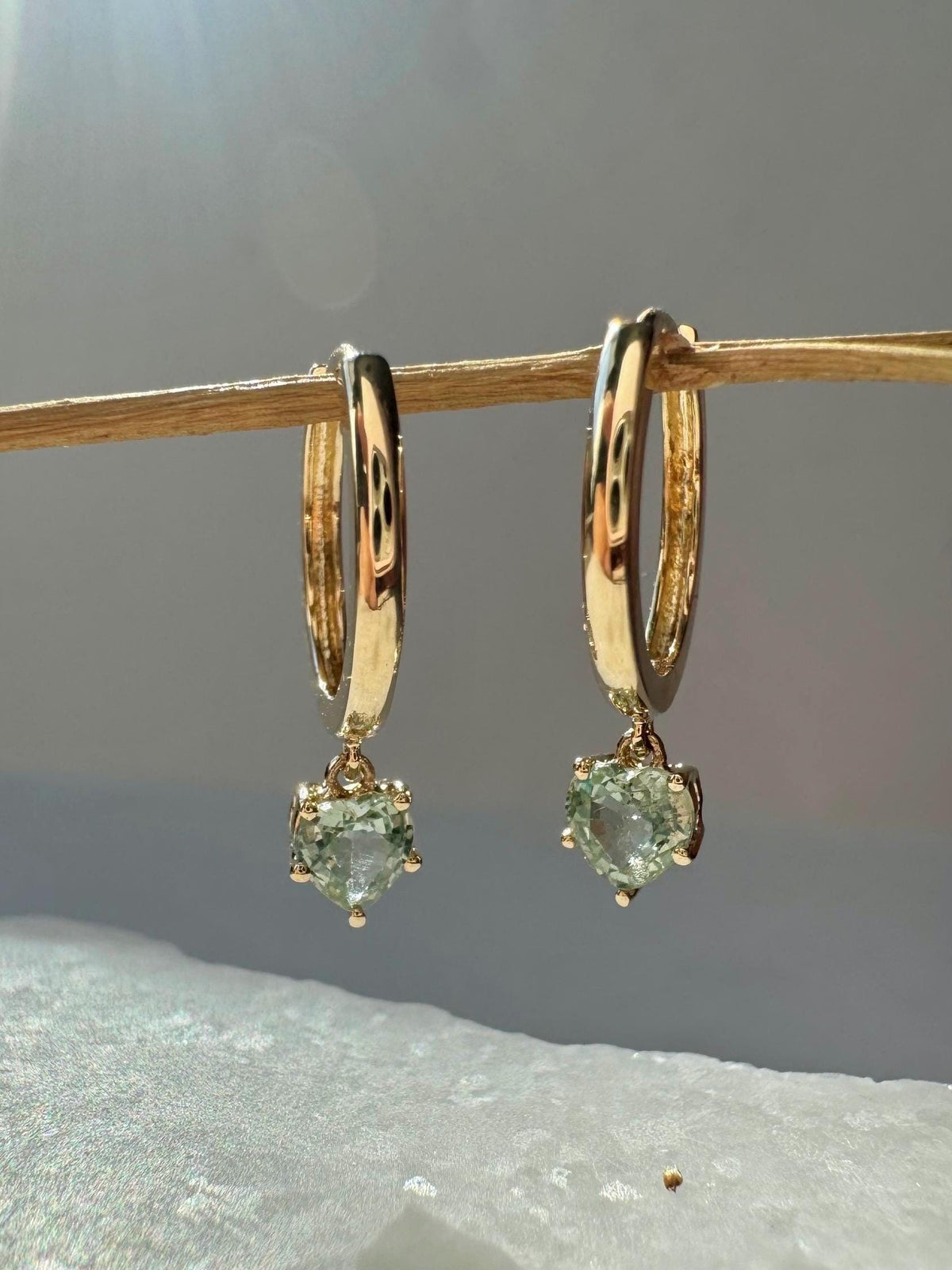 Genuine Green Sapphire Mini Heart Dangle Hoops / 14k Solid Gold