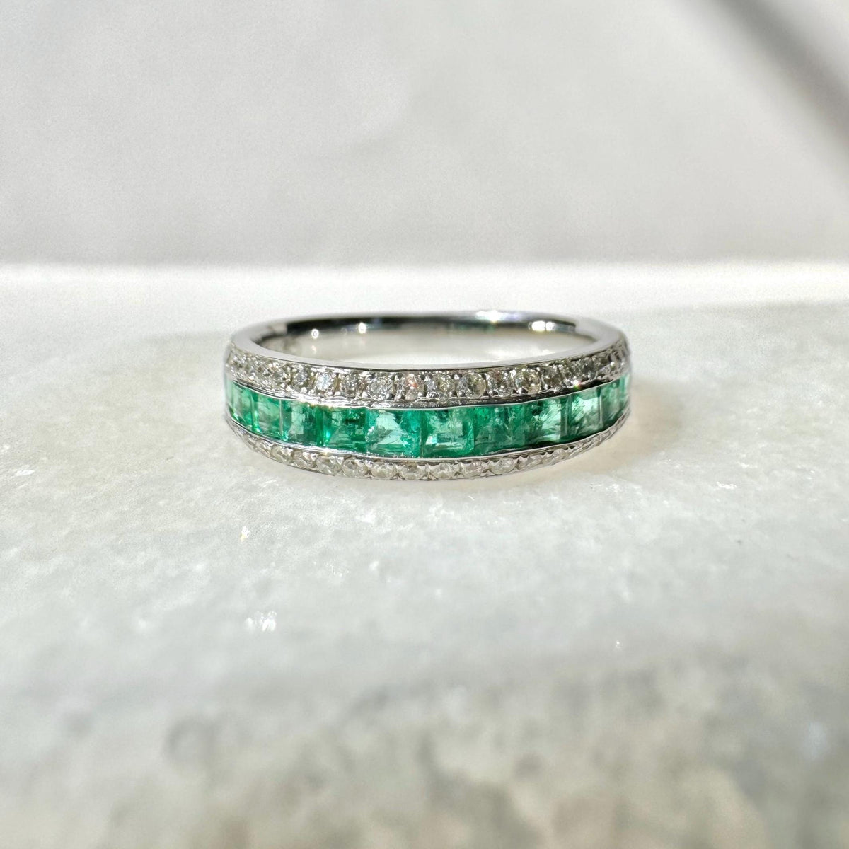 Genuine Emerald and Diamond Half Eternity Ring, Princess Cut, 14k Solid White Gold, May Birthstone