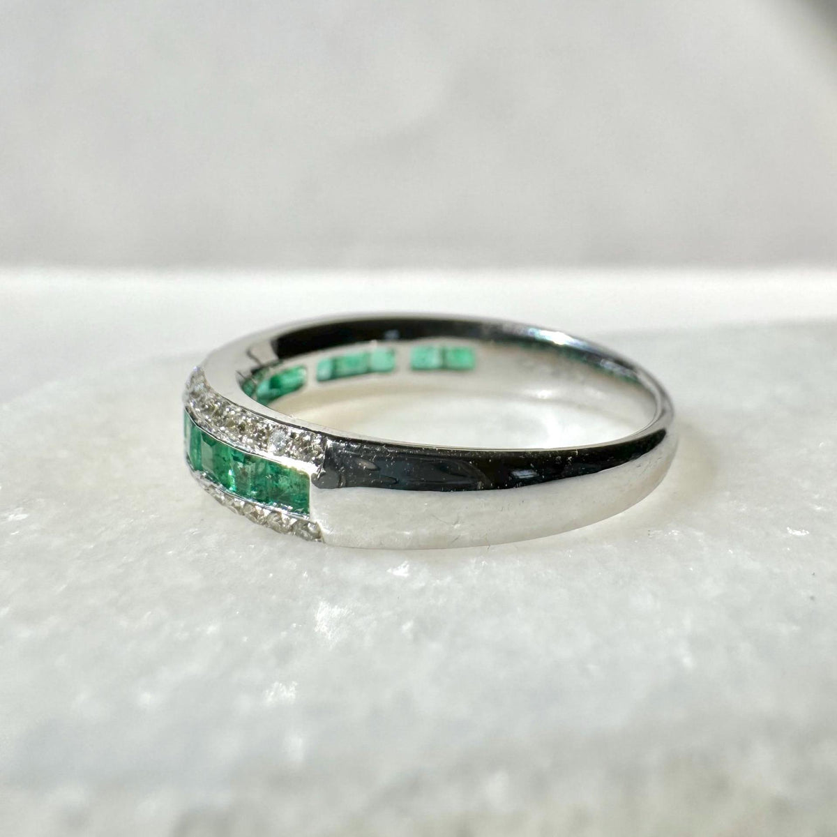 Genuine Emerald and Diamond Half Eternity Ring, Princess Cut, 14k Solid White Gold, May Birthstone