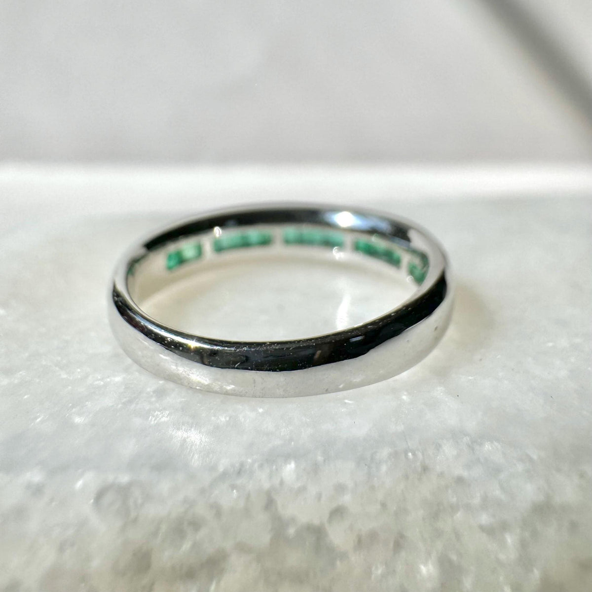 Genuine Emerald and Diamond Half Eternity Ring, Princess Cut, 14k Solid White Gold, May Birthstone