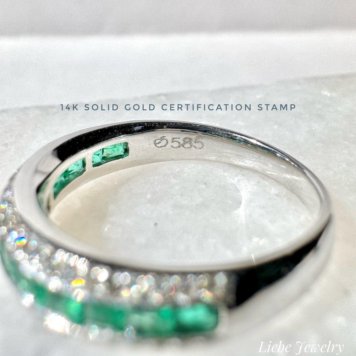 Genuine Emerald and Diamond Half Eternity Ring, Princess Cut, 14k Solid White Gold, May Birthstone