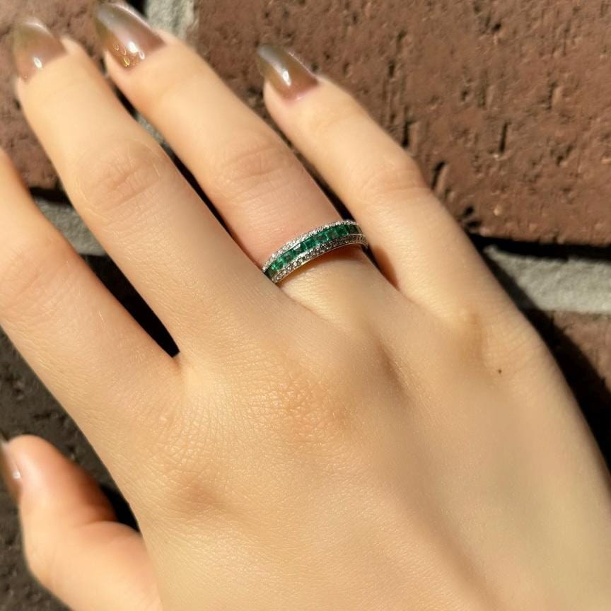 Genuine Emerald and Diamond Half Eternity Ring, Princess Cut, 14k Solid White Gold, May Birthstone