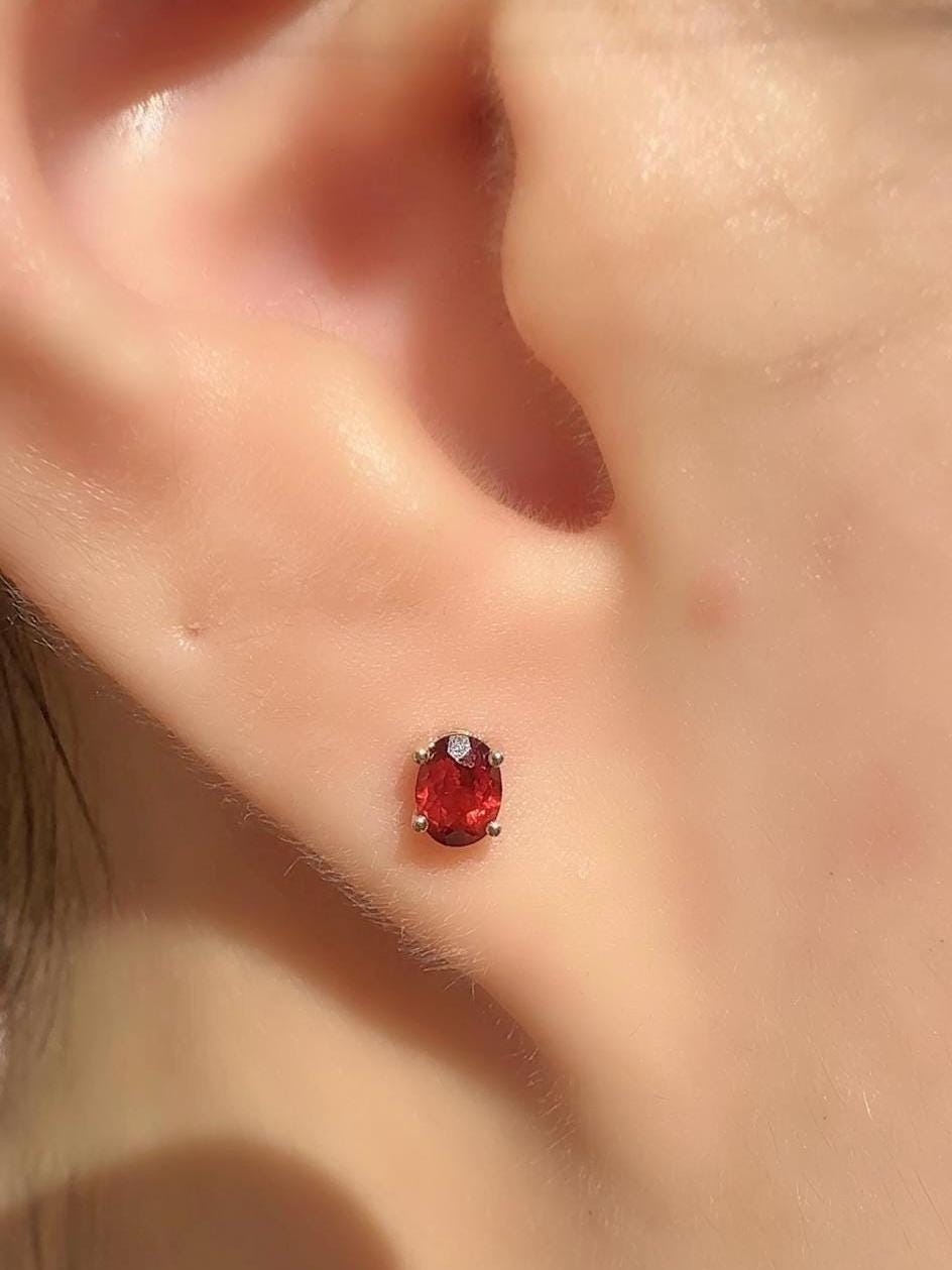 Genuine Garnet Oval Cut Mini Stud Earrings, 14k Solid Gold, January Birthstone Gift