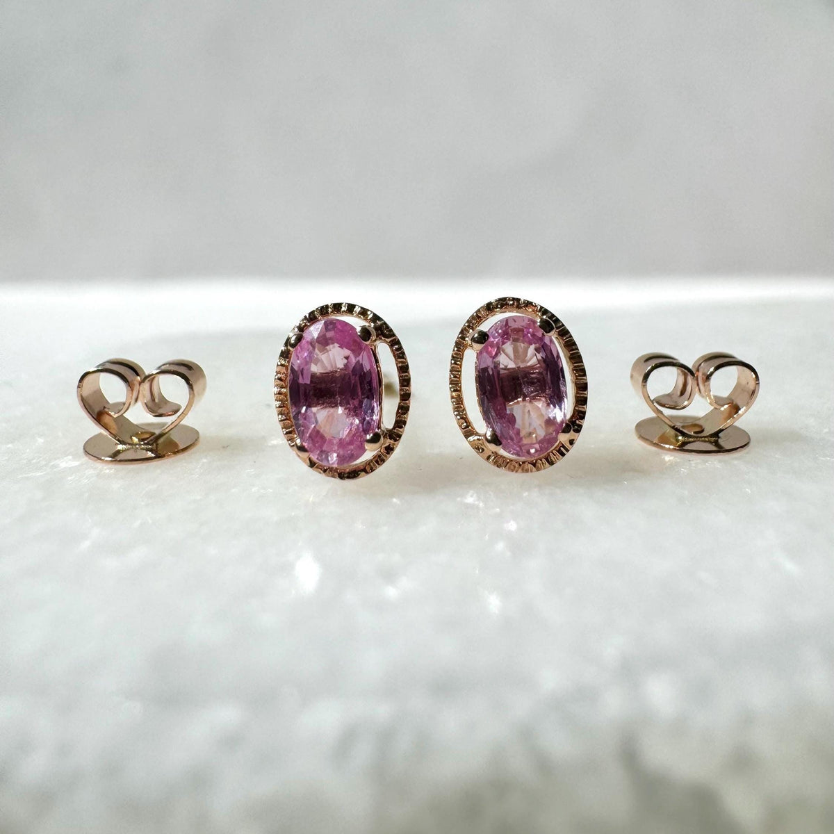 Genuine Pink Sapphire Oval Stud Earrings in 18k Solid Gold