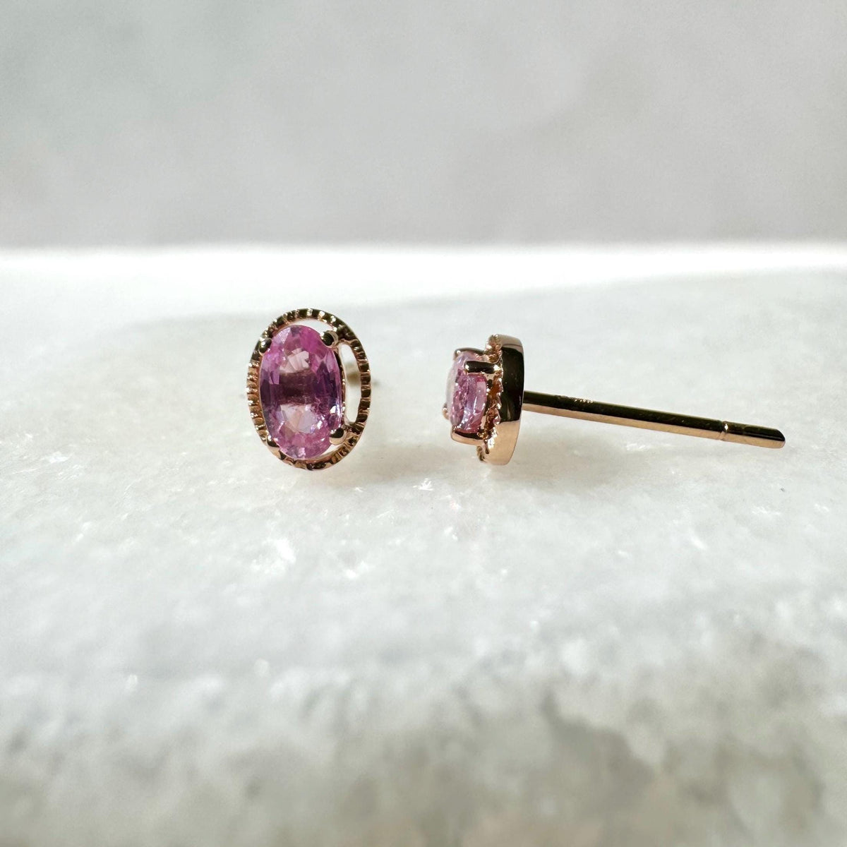 Genuine Pink Sapphire Oval Stud Earrings in 18k Solid Gold