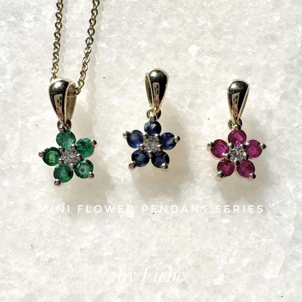 Genuine Sapphire and Diamond Flower Pendant (Mini) in 14k Solid Gold