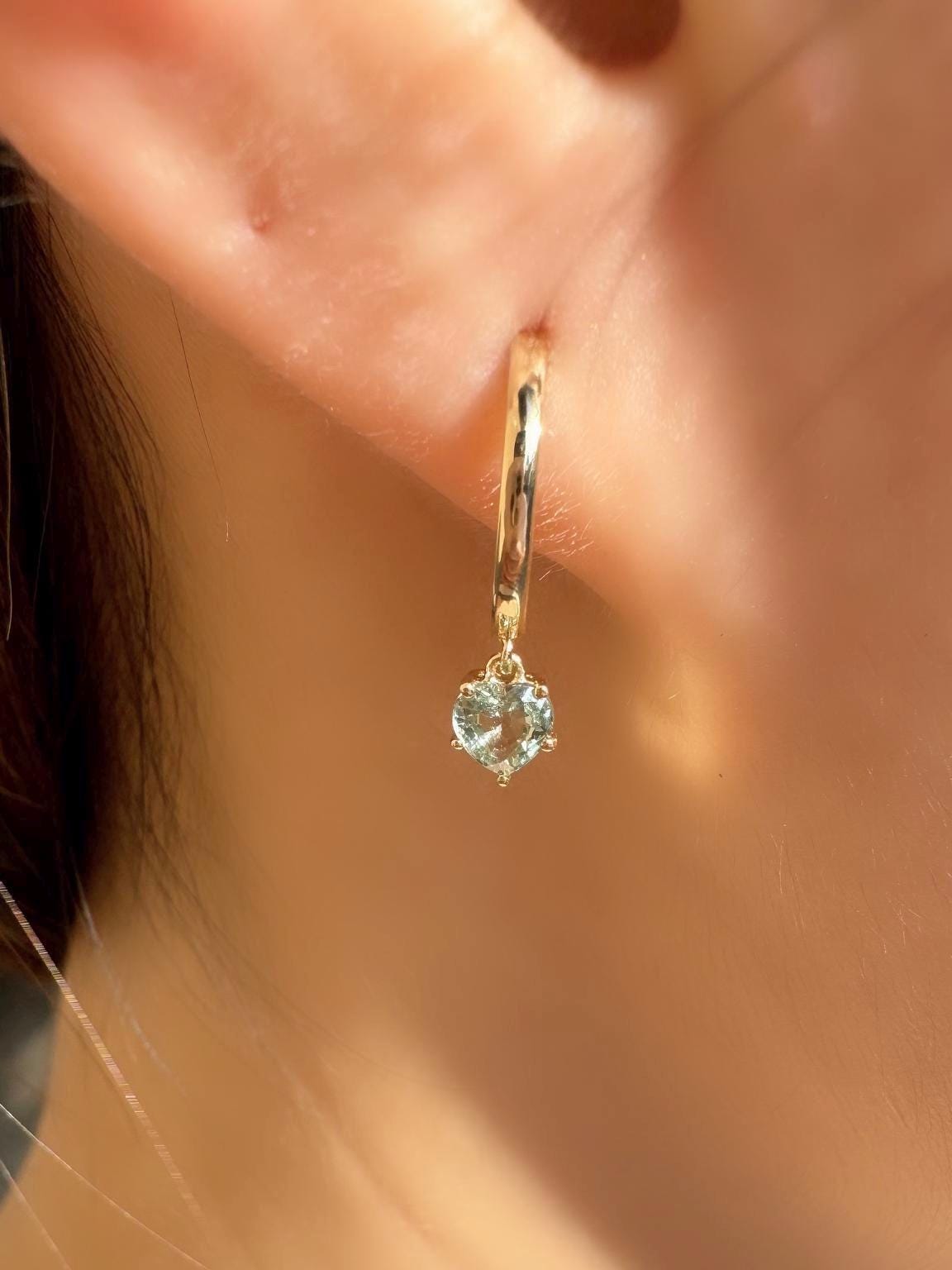 Genuine Green Sapphire Mini Heart Dangle Hoops / 14k Solid Gold