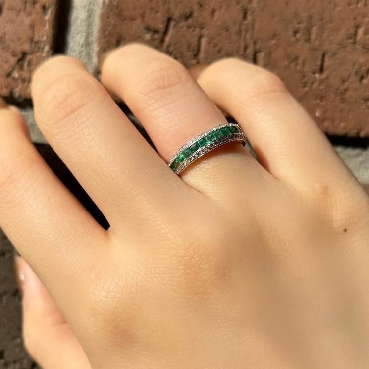 Genuine Emerald and Diamond Half Eternity Ring, Princess Cut, 14k Solid White Gold, May Birthstone