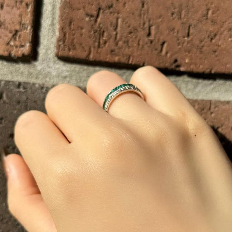 Genuine Emerald and Diamond Half Eternity Ring, Princess Cut, 14k Solid White Gold, May Birthstone