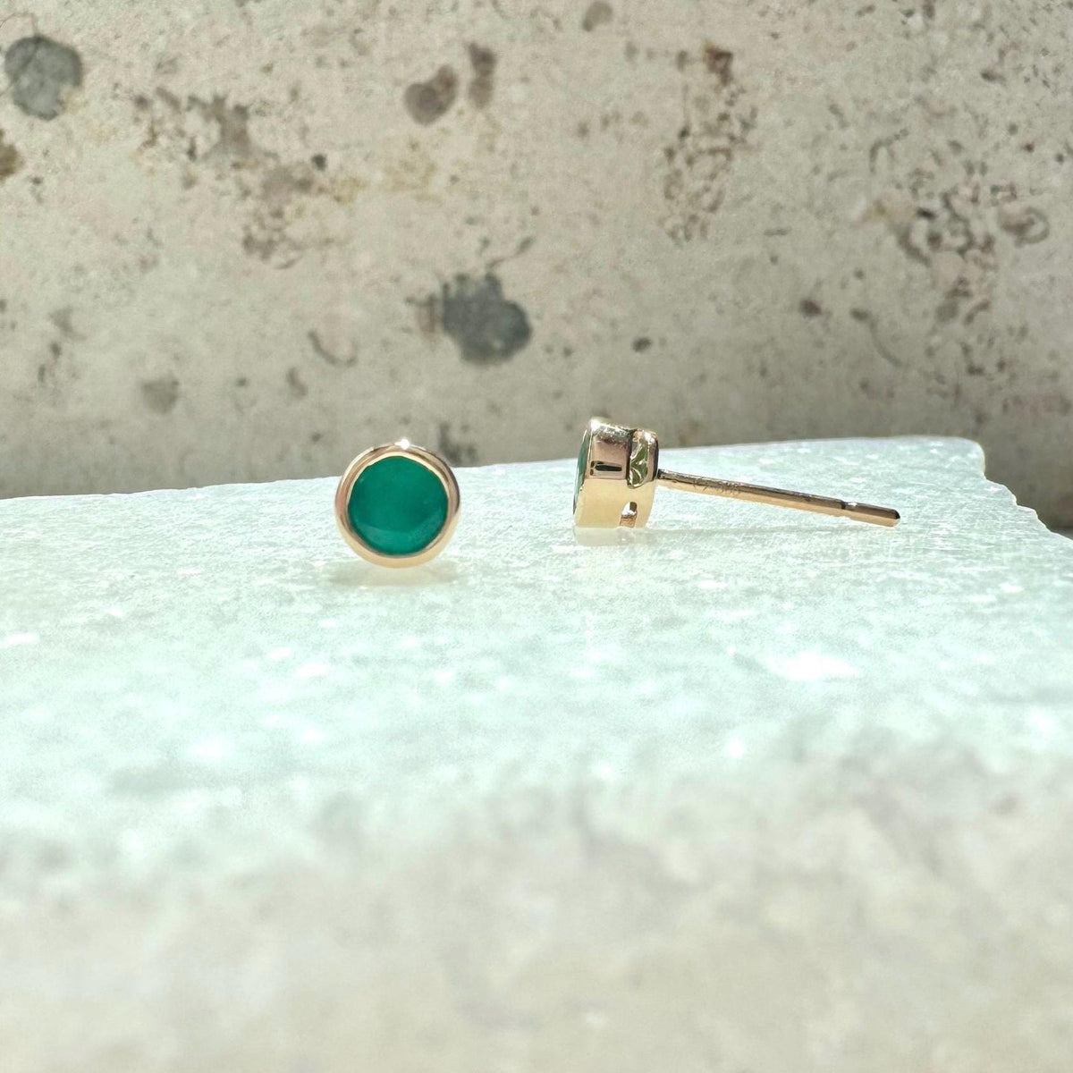 Genuine Emerald Round Bezel Stud Earrings 4.5MM / 14k Solid Gold
