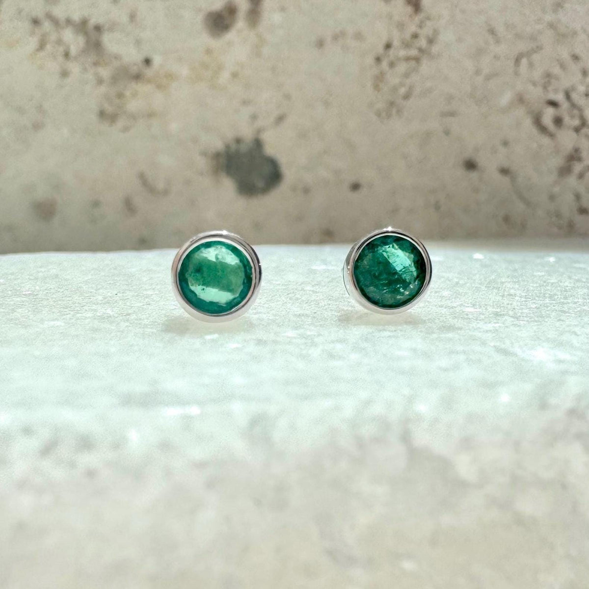 Genuine Emerald Round Bezel Stud Earrings 4.5MM / 14k Solid Gold
