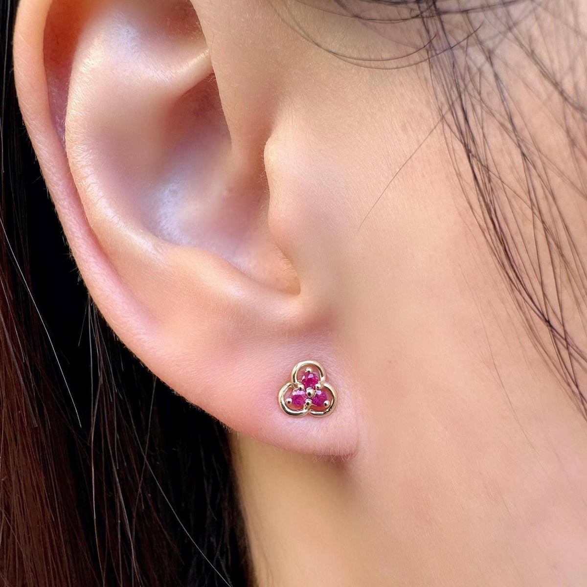 Genuine Ruby Trio Studs / 14k Solid Gold