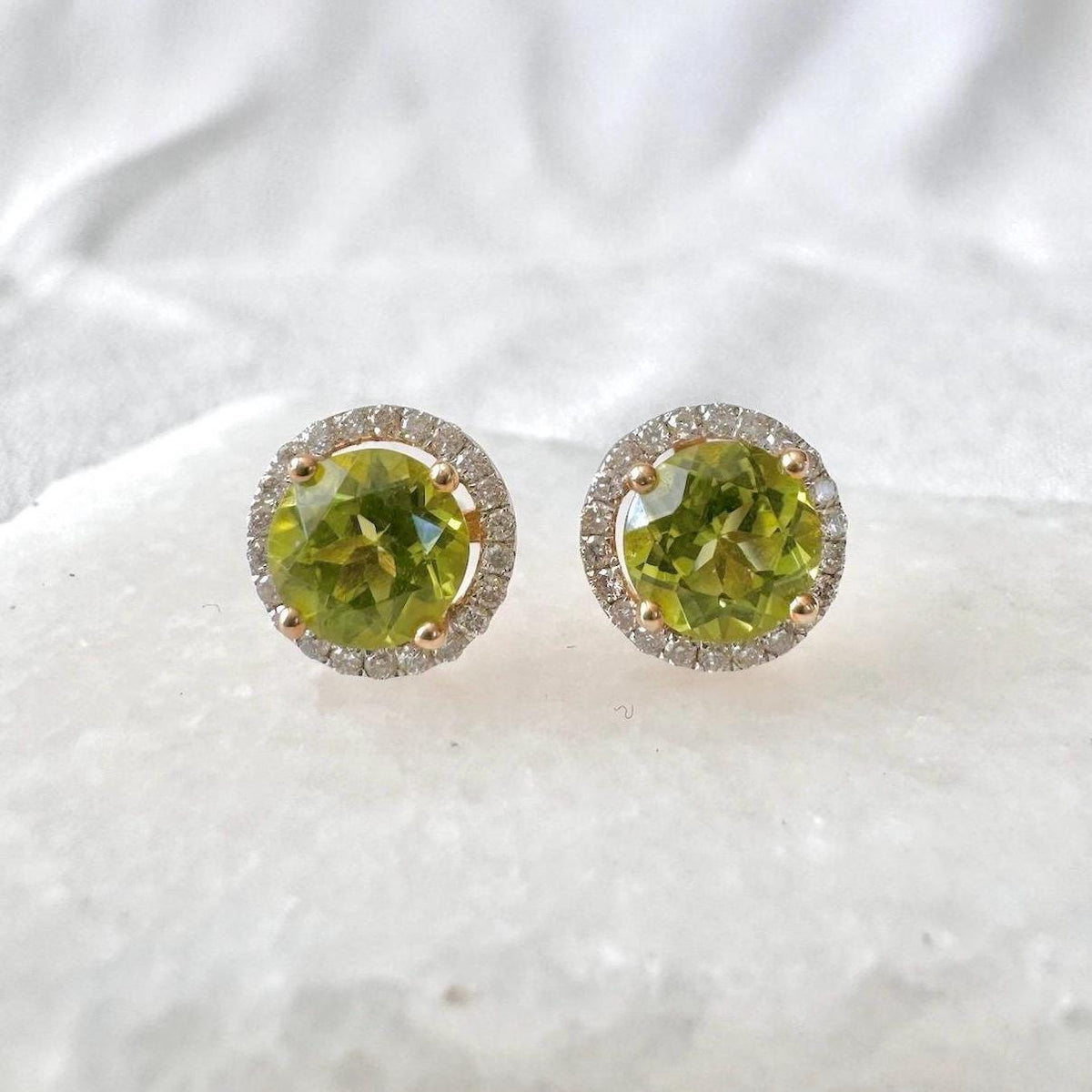 Genuine Peridot and Diamond Round Stud Earrings in 14k Solid Gold