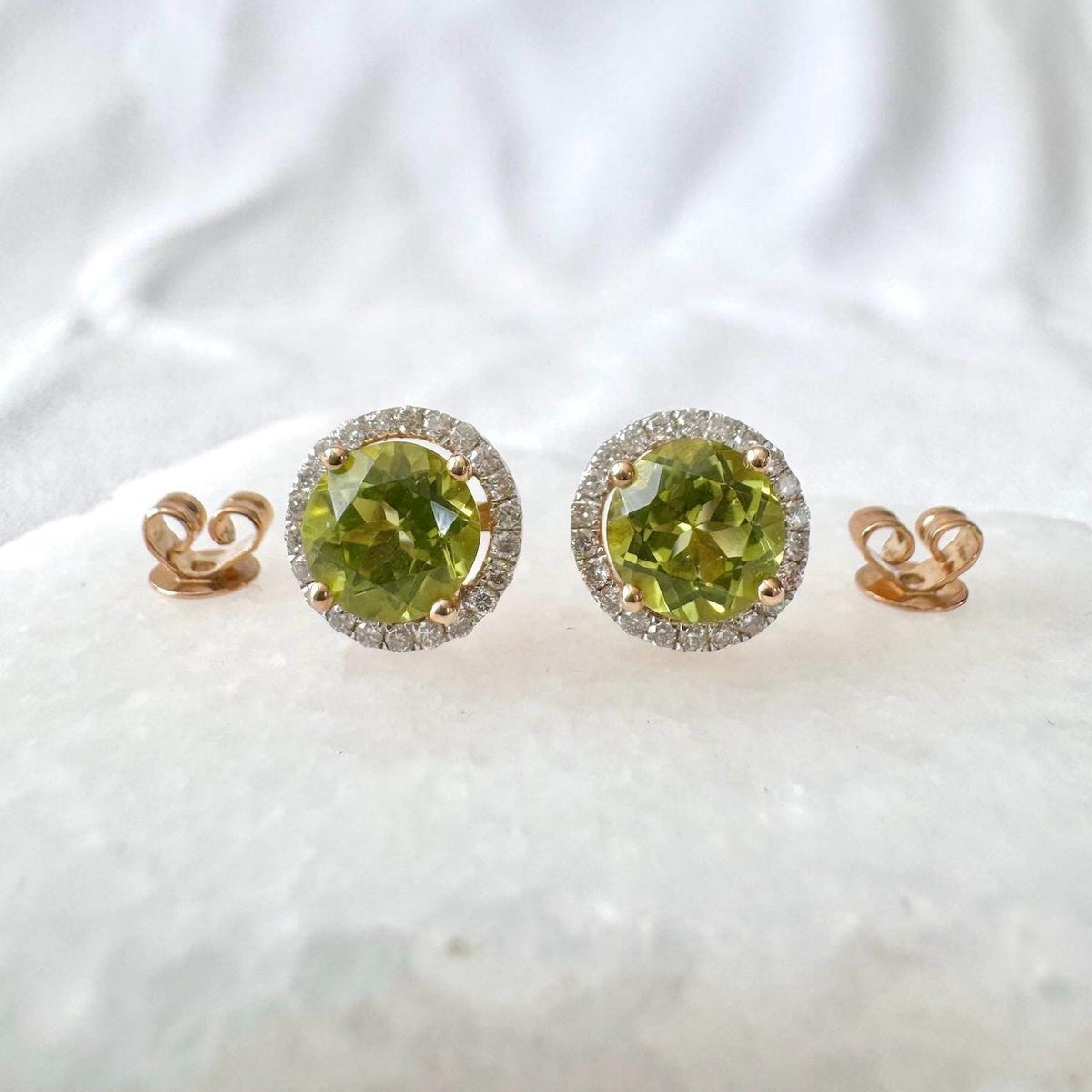 Genuine Peridot and Diamond Round Stud Earrings in 14k Solid Gold