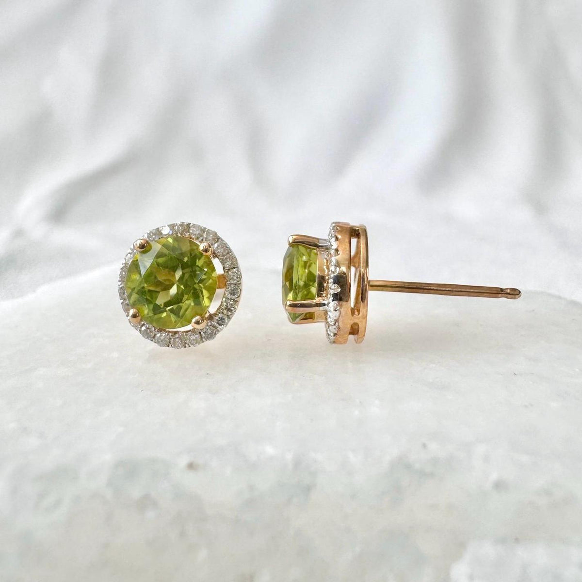 Genuine Peridot and Diamond Round Stud Earrings in 14k Solid Gold