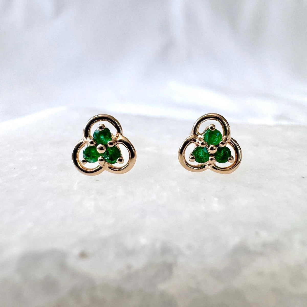 Emerald Trio Clover Stud Earrings | 14k Solid Gold