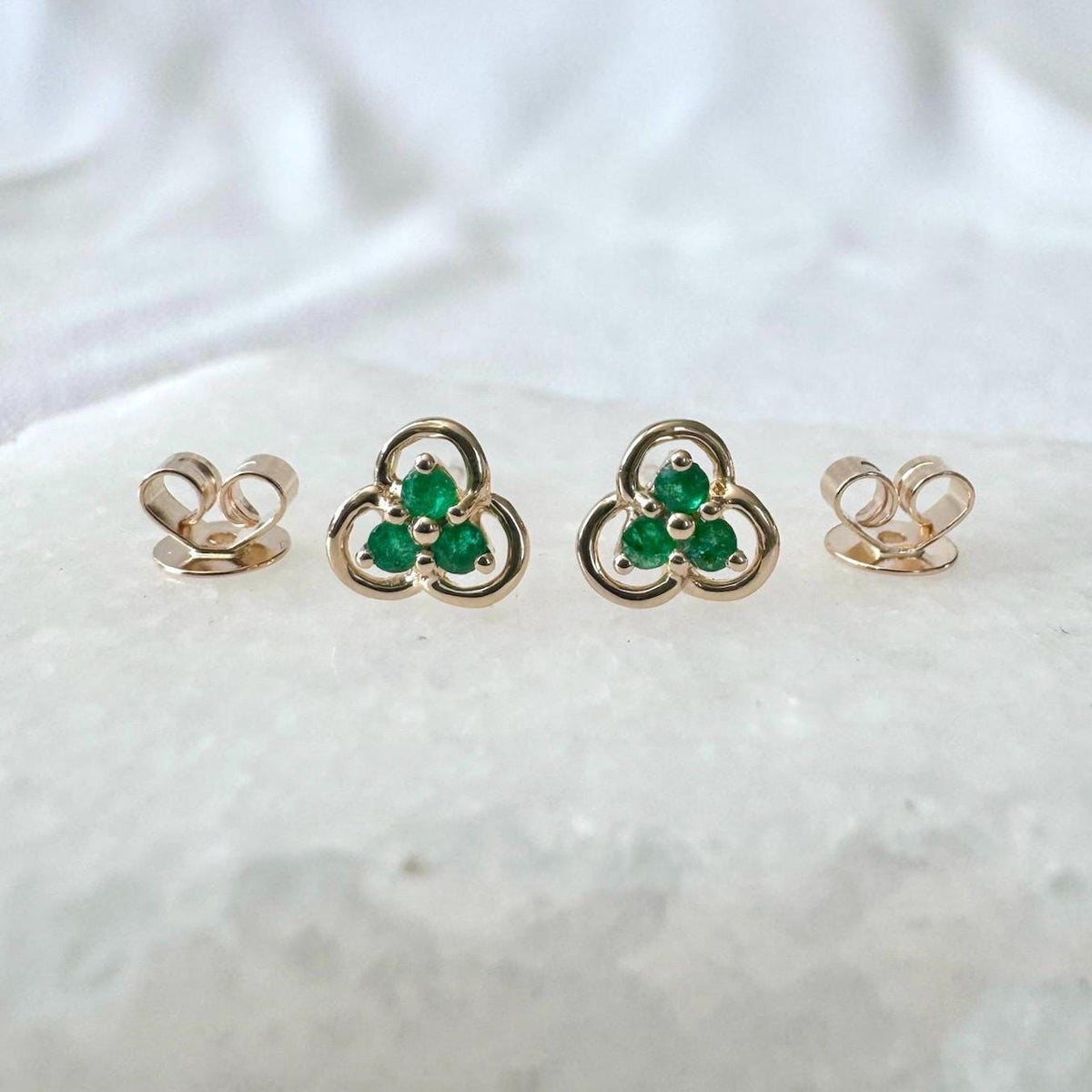 Emerald Trio Clover Stud Earrings | 14k Solid Gold