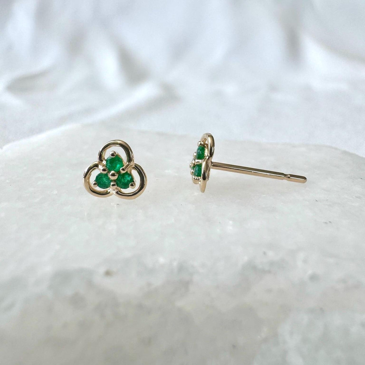 Emerald Trio Clover Stud Earrings | 14k Solid Gold