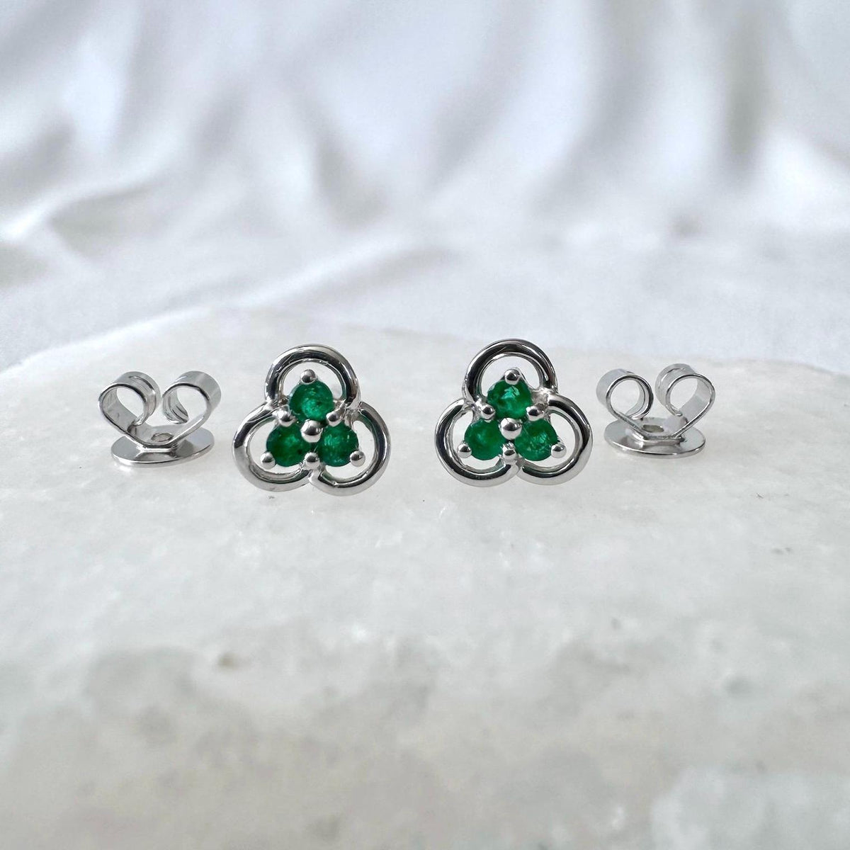 Emerald Trio Clover Stud Earrings | 14k Solid Gold