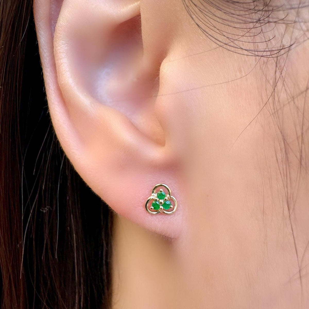Emerald Trio Clover Stud Earrings | 14k Solid Gold