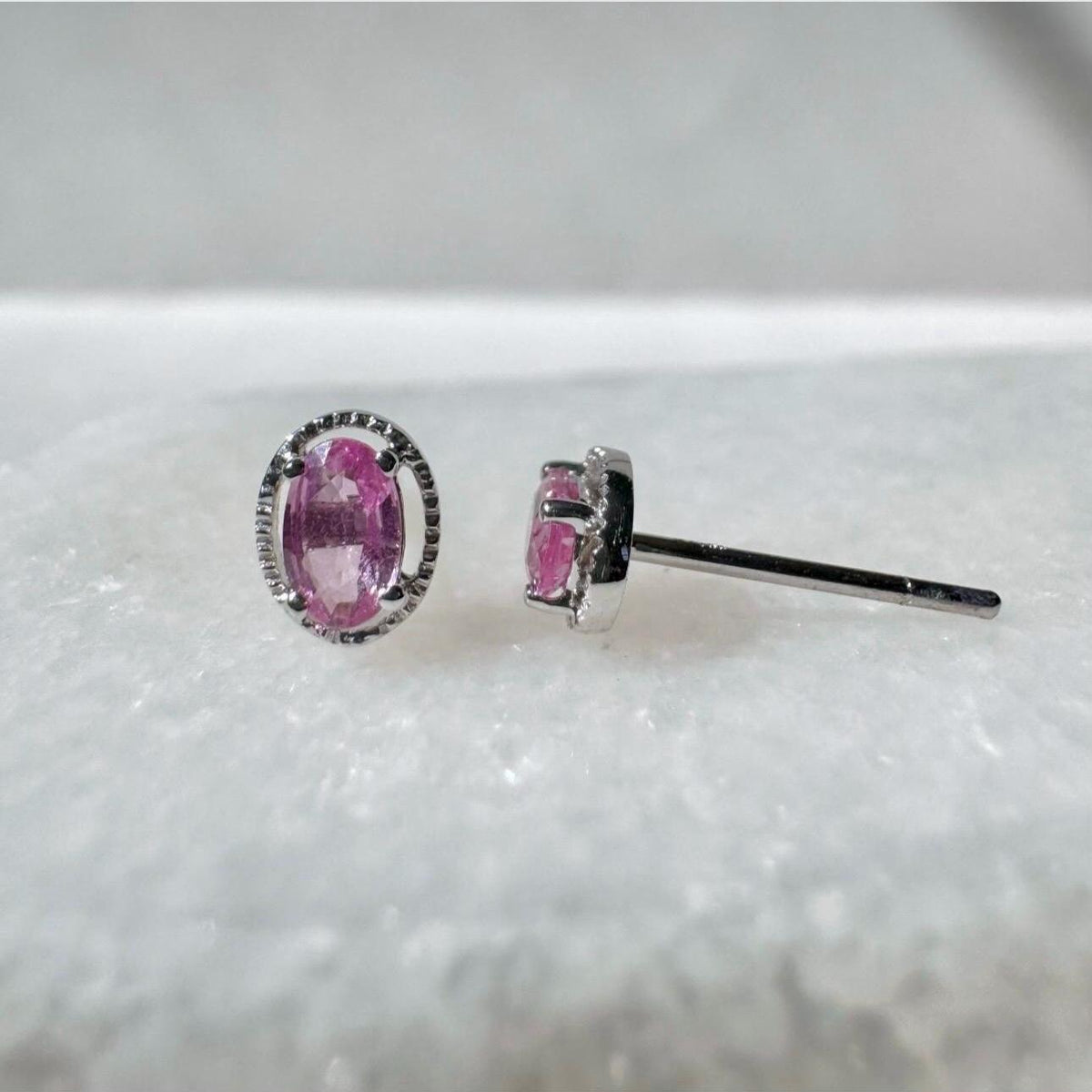 Genuine Pink Sapphire Oval Stud Earrings in 18k Solid Gold