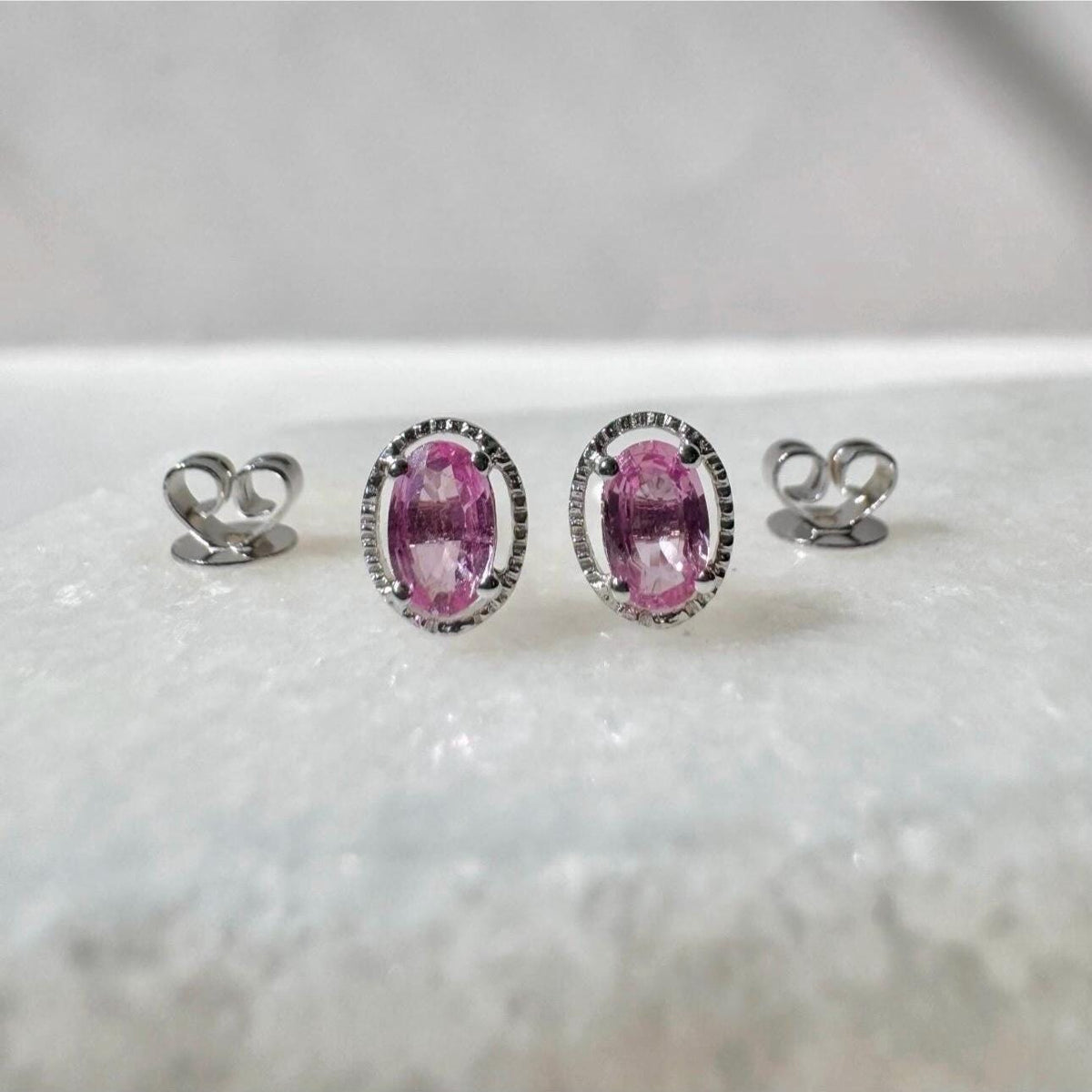 Genuine Pink Sapphire Oval Stud Earrings in 18k Solid Gold
