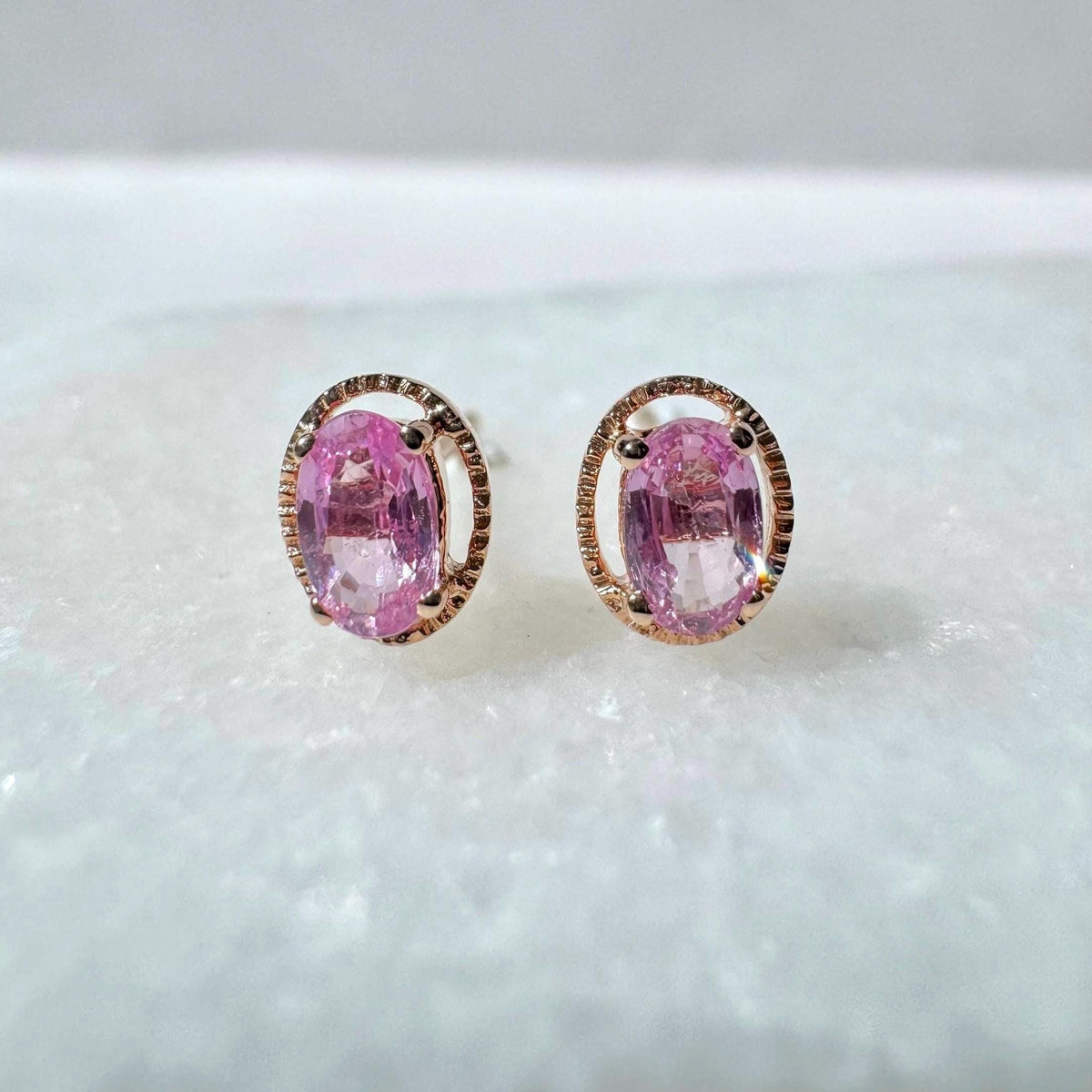 Genuine Pink Sapphire Oval Stud Earrings in 18k Solid Gold