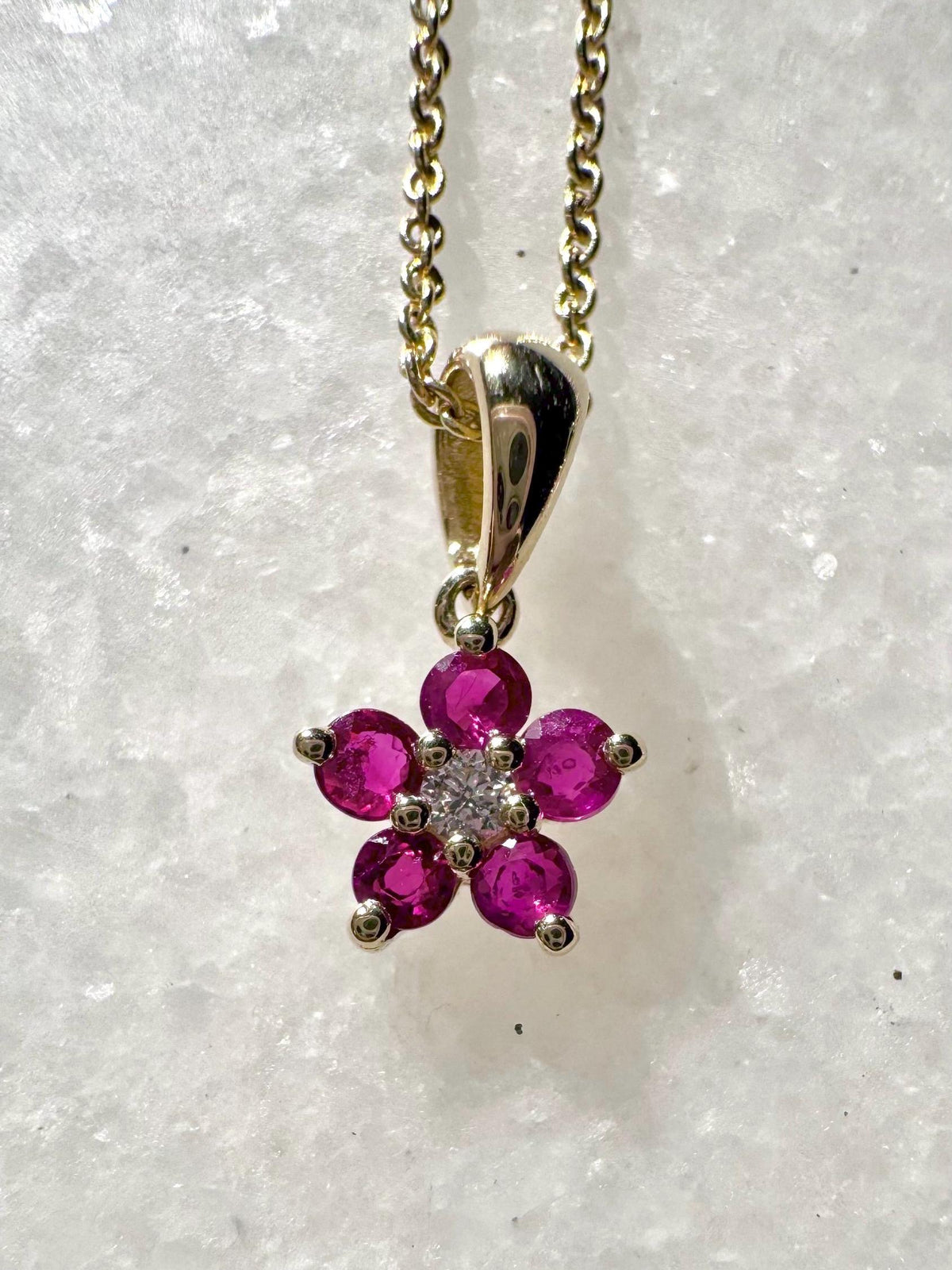 Genuine Ruby and Diamond Flower Pendant (Mini) | 14k Solid Gold