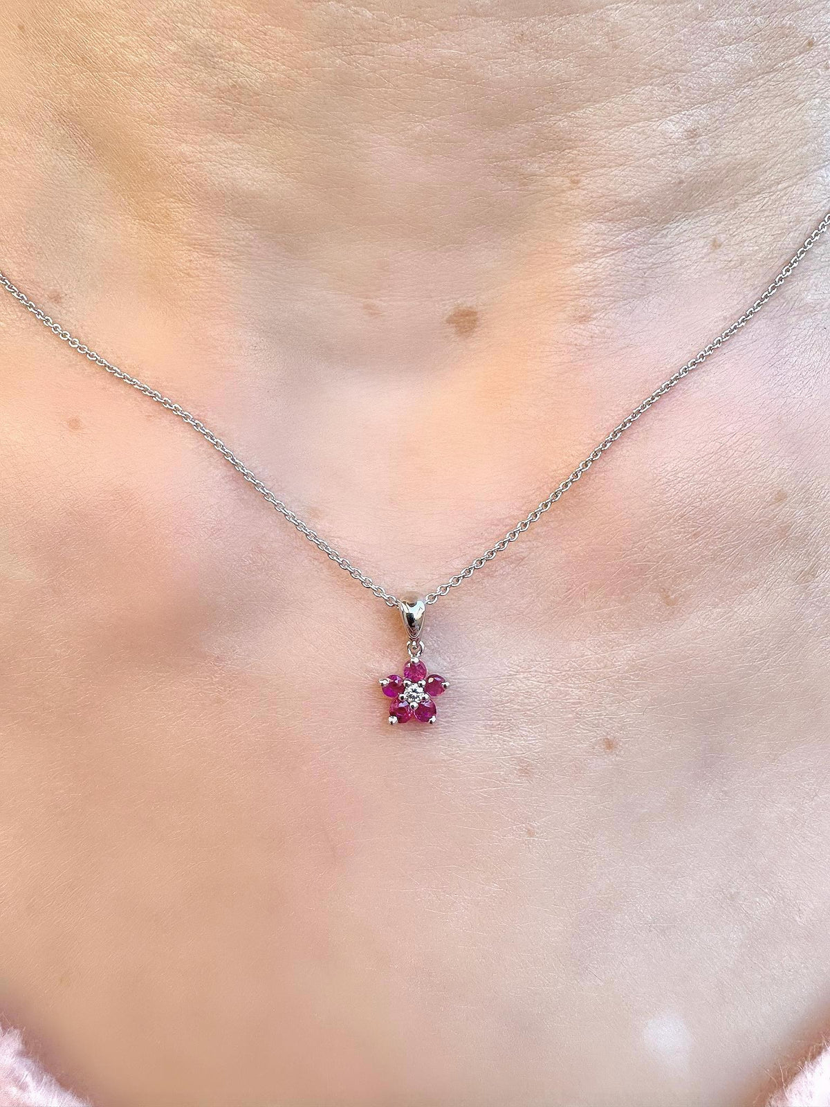 Genuine Ruby and Diamond Flower Pendant (Mini) | 14k Solid Gold