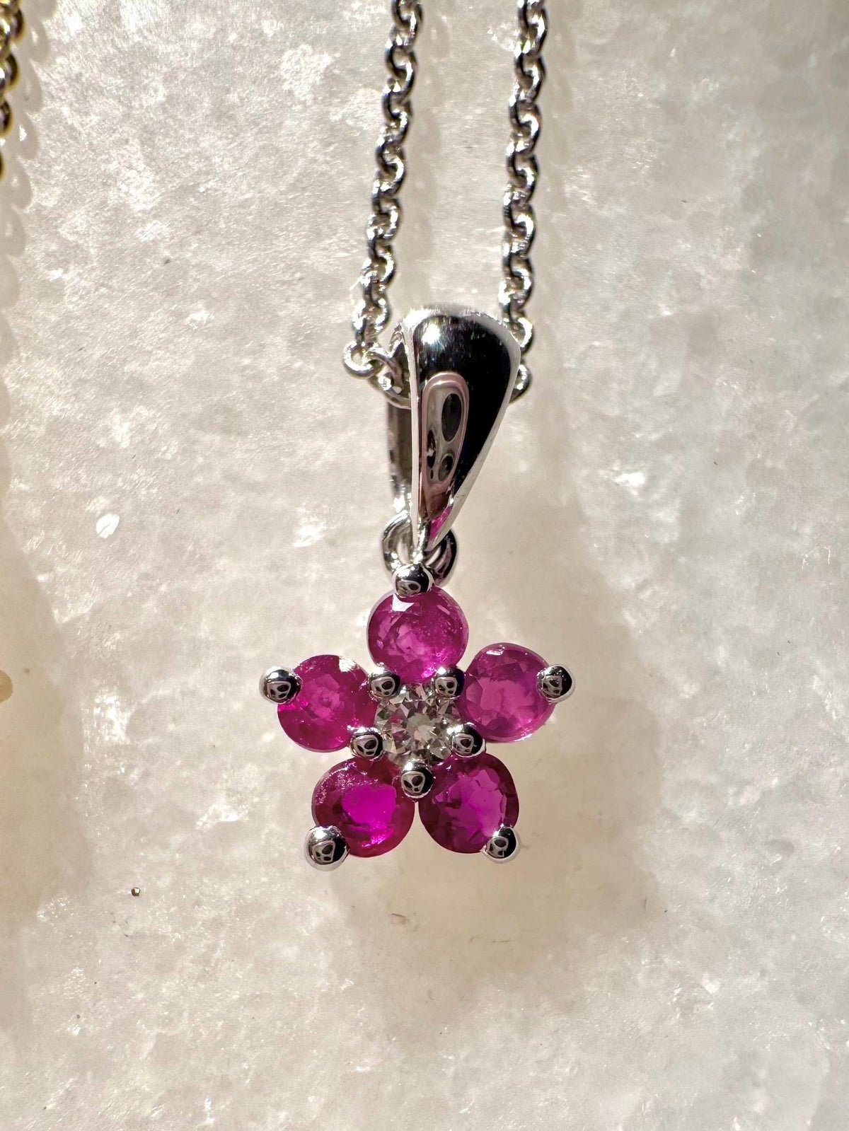 Genuine Ruby and Diamond Flower Pendant (Mini) | 14k Solid Gold