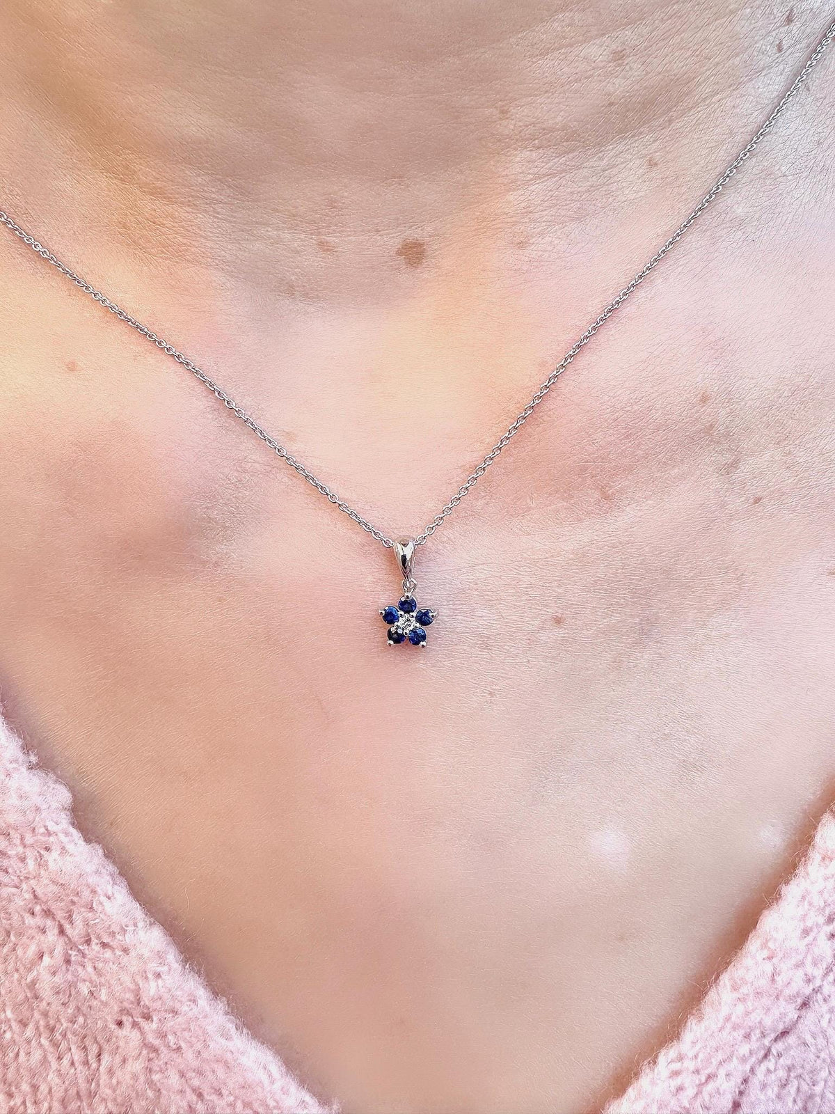 Genuine Sapphire and Diamond Flower Pendant (Mini) in 14k Solid Gold