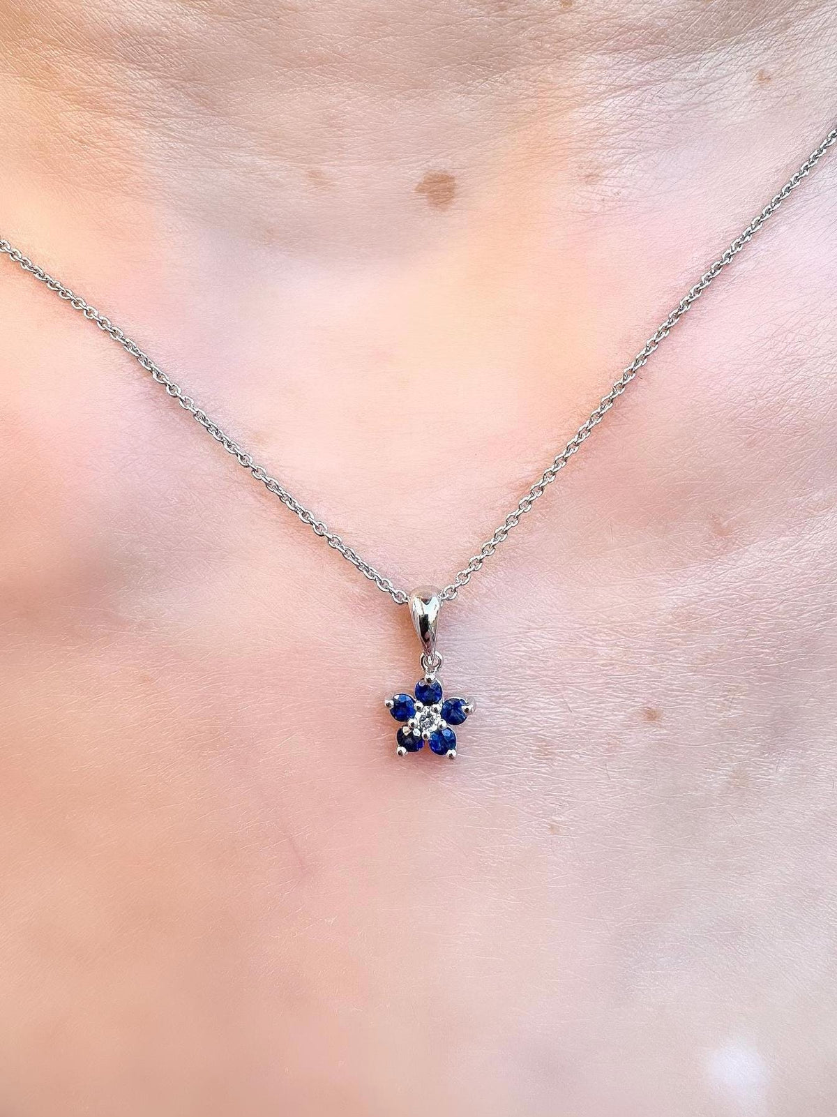Genuine Sapphire and Diamond Flower Pendant (Mini) in 14k Solid Gold