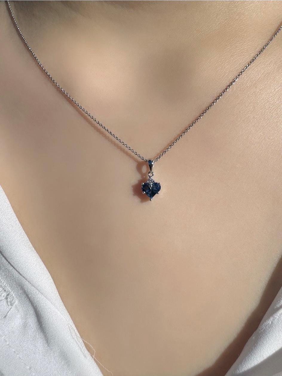 Genuine Sapphire and Diamond Heart Pendant, 14k Solid Gold, September Birthstone, Gift for Her