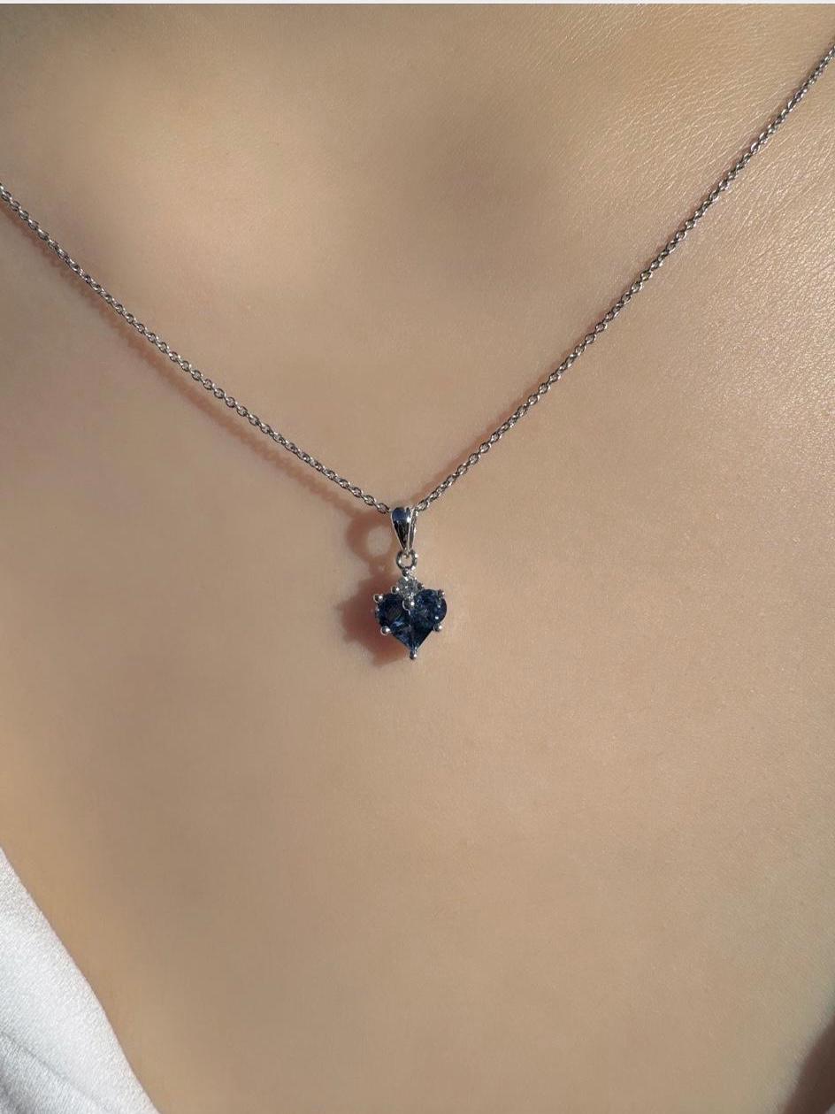 Genuine Sapphire and Diamond Heart Pendant, 14k Solid Gold, September Birthstone, Gift for Her