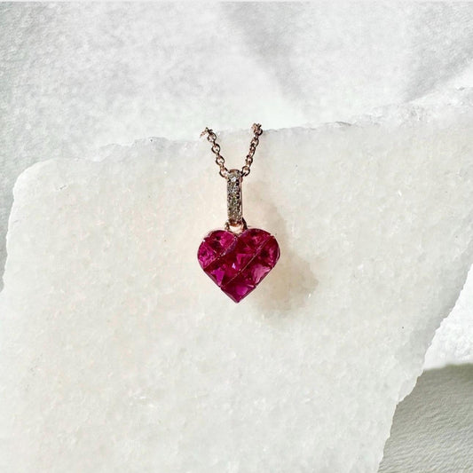 Genuine Ruby and Diamond Heart Pave Pendant | 18k Solid Rose Gold