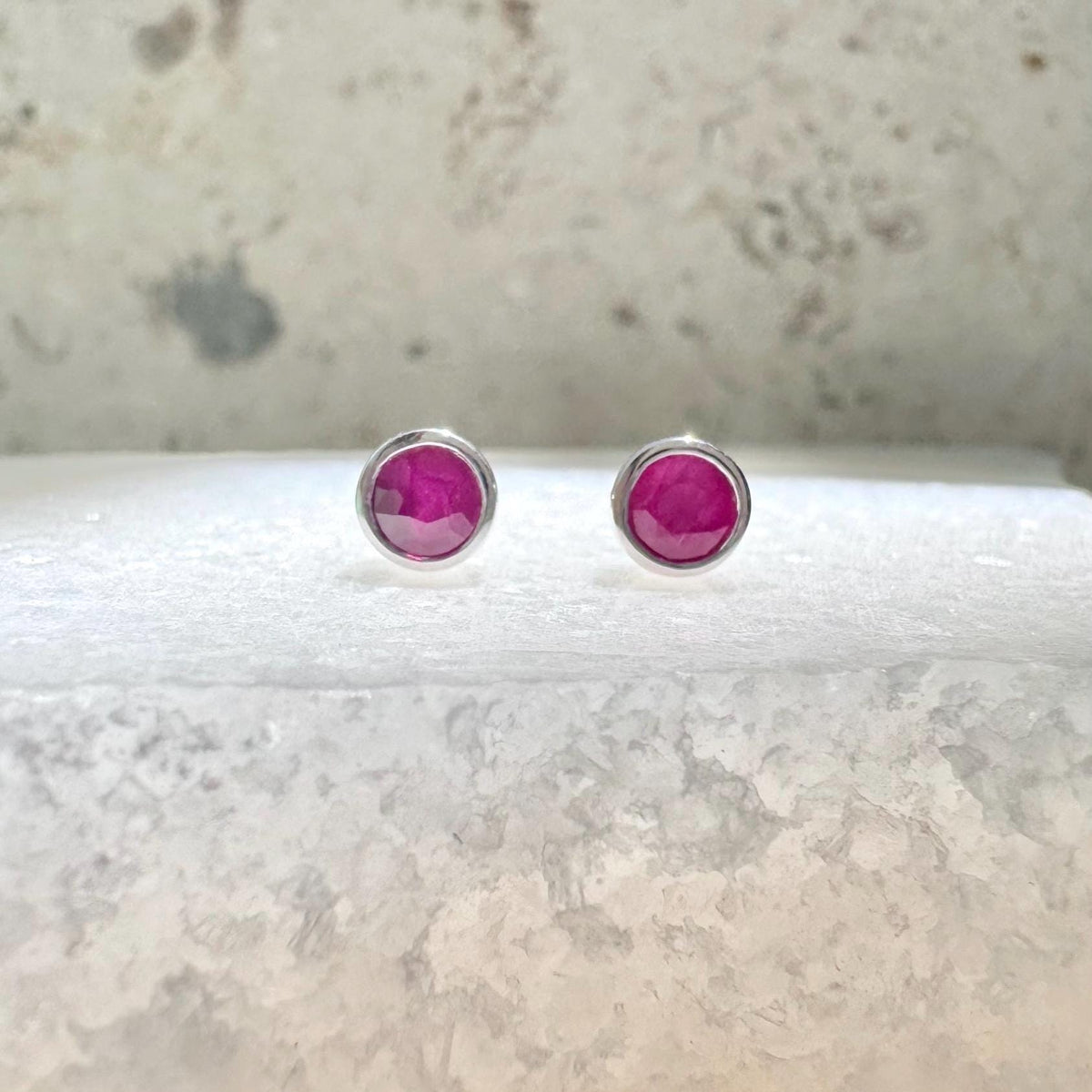 14k Solid Gold Ruby Bezel Stud Earrings, 4.5mm Round, July Birthstone
