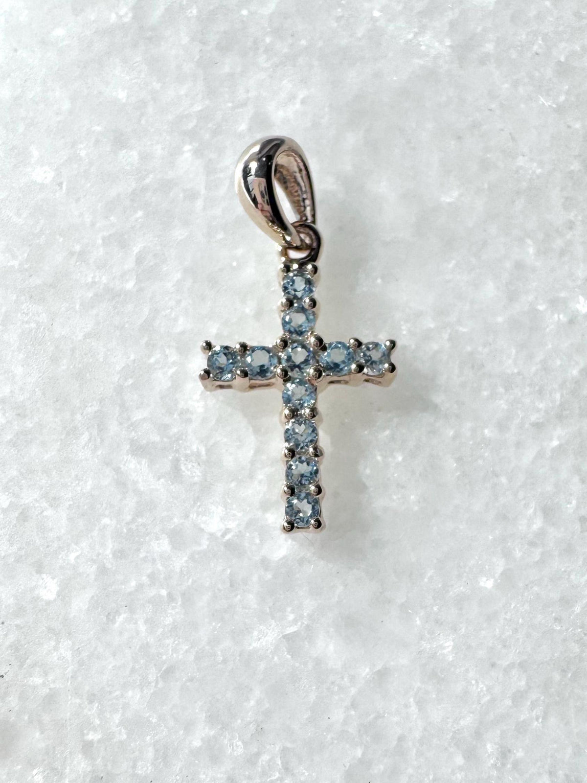 Genuine Aquamarine Cross Pendant (Mini) / 14K Solid Gold