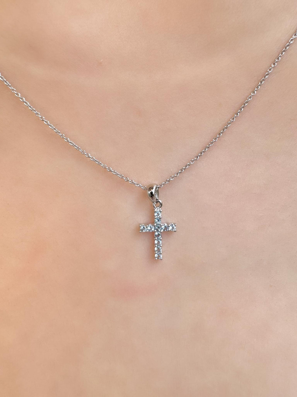 Genuine Aquamarine Cross Pendant (Mini) / 14K Solid Gold